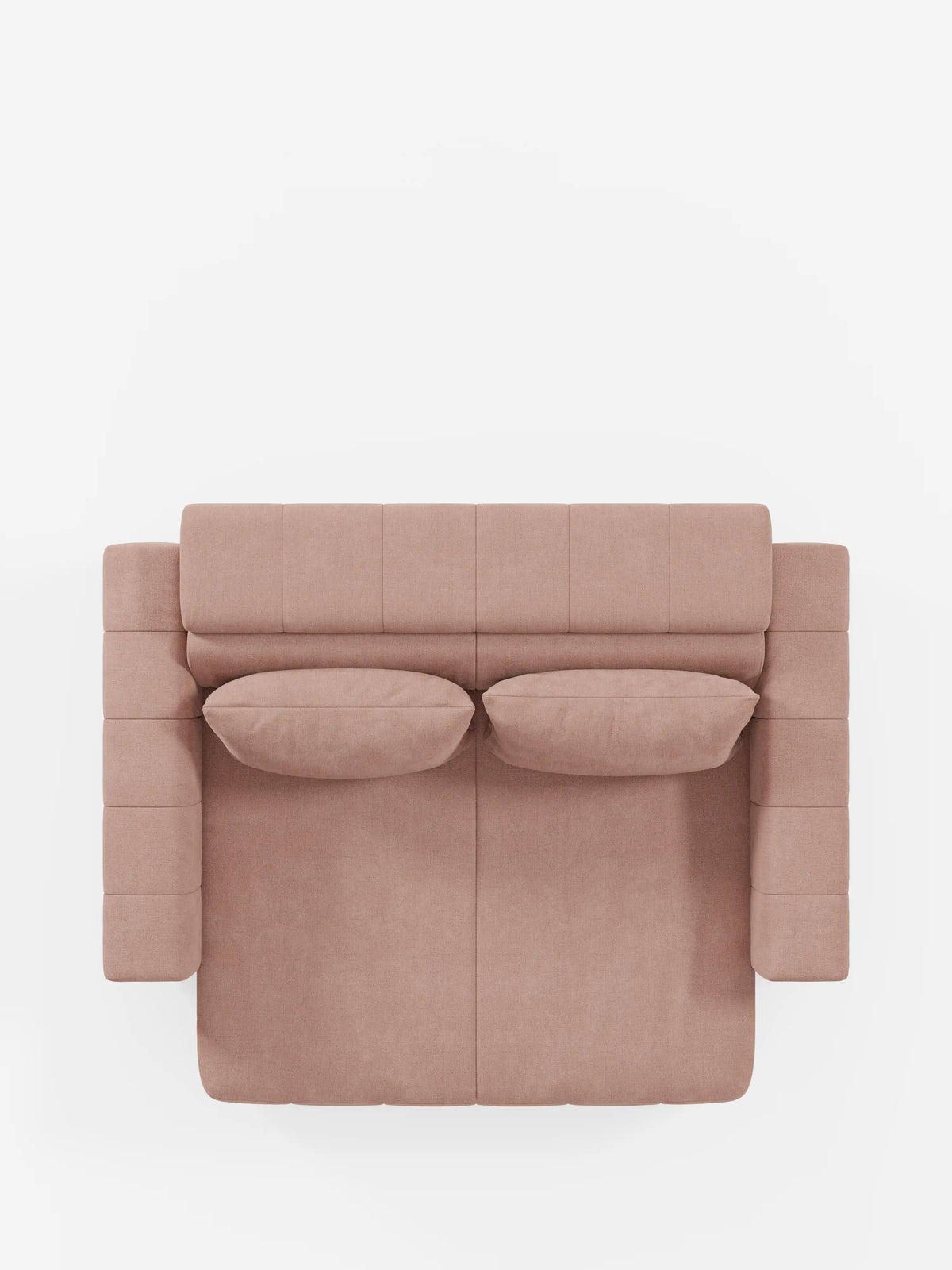 Vista dall'alto del divano dorico a 3 posti con sedute allungabili tramite meccanismo relax elettrico - poggiatesta reclinabile in tessuto smacchiabile T23 di Divani.Store, caratterizzato da un design moderno in tessuto marrone chiaro con due cuscini di seduta, due cuscini dello schienale abbinati e braccioli imbottiti di forma quadrata. Questo divano sfoderabile è messo in risalto su uno sfondo bianco a tinta unita.