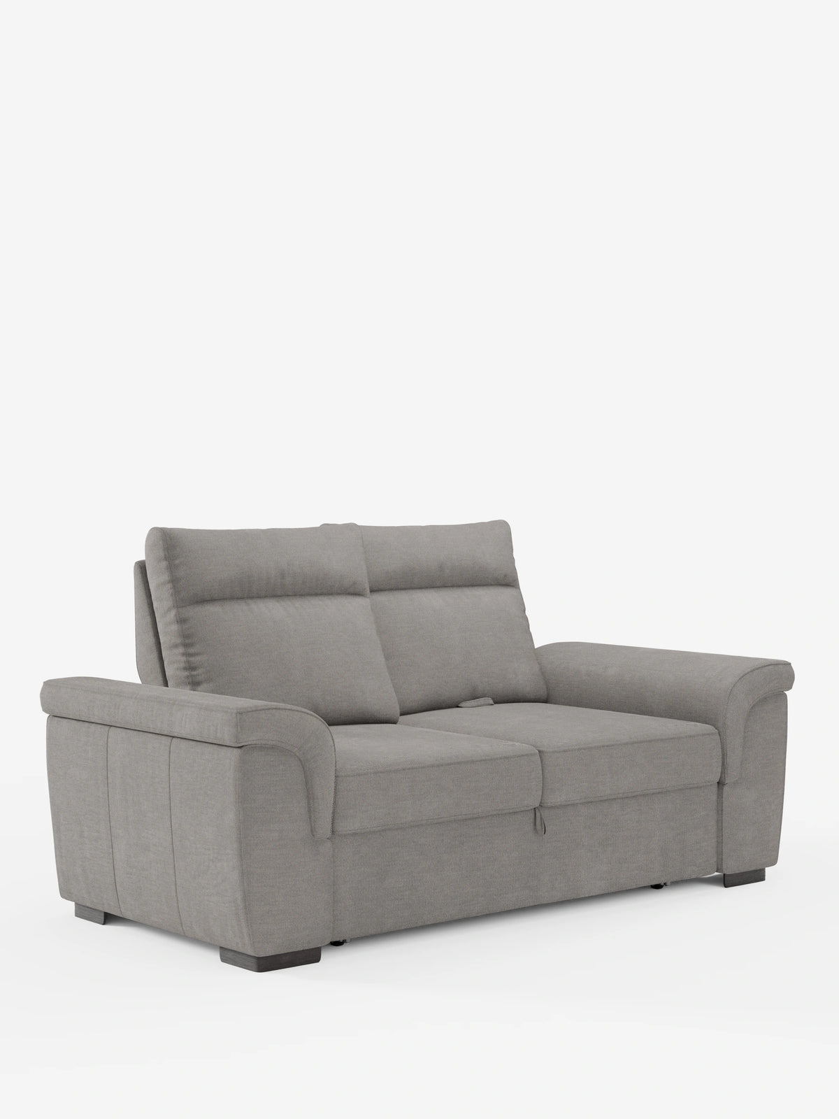 Ischia, divano a 3 posti con pouf estraibile e schienali regolabili in tessuto misto lino antimacchia: un divano minimalista in tessuto grigio con piedini a blocco scuri, schienali regolabili e braccioli leggermente svasati su sfondo bianco.