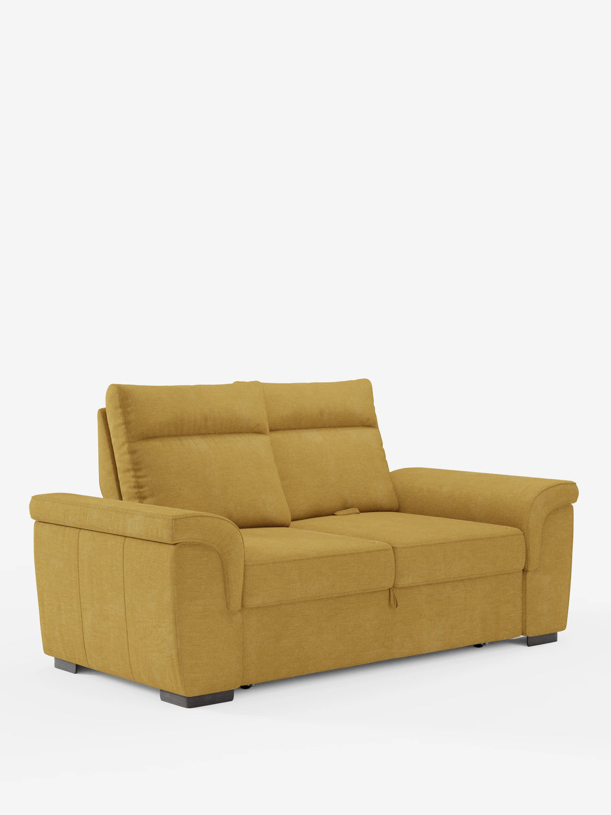 Il divano Ischia a 3 posti con pouf estraibile e schienali regolabili, rivestito in tessuto misto lino antimacchia, è un divano a tre posti di colore giallo senape con finitura testurizzata, schienali regolabili, ampi braccioli e una base dal profilo ribassato su sfondo bianco.