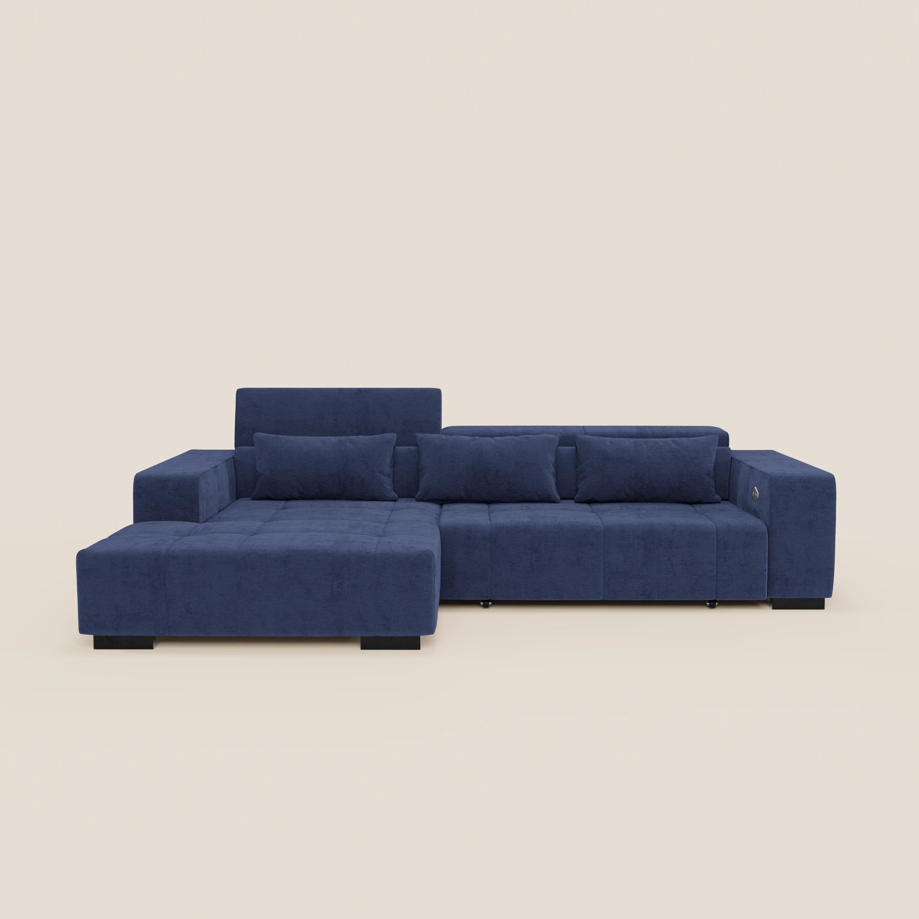 Monarch Divano angolare con penisola e Relax Elettrico per allungamento sedute - Poggiatesta Reclinabili in tessuto morbido smacchiabile T31 - divani.store