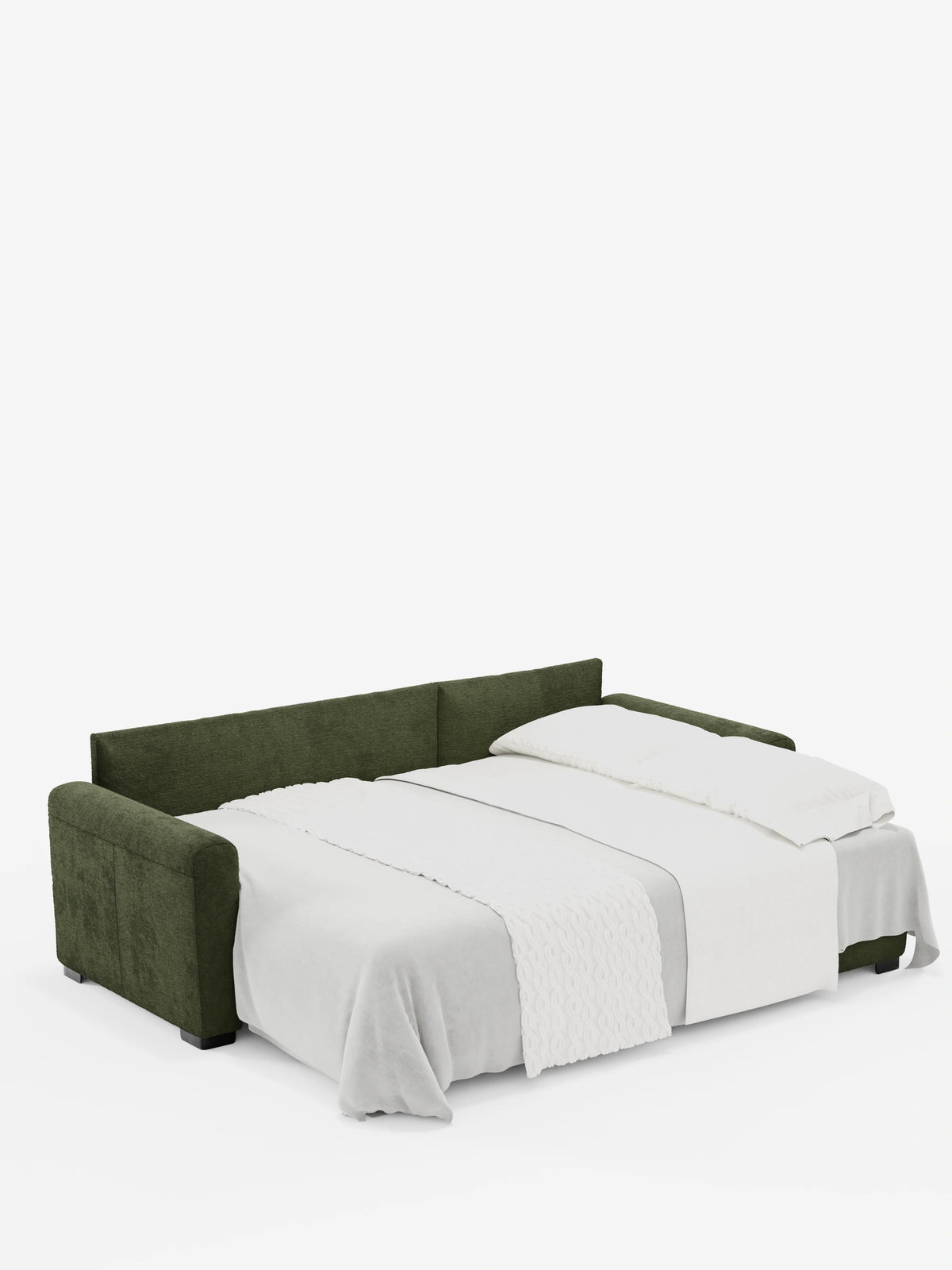 Un divano letto Ottaviano con letto estraibile, penisola reversibile e contenitore, rivestito in tessuto materico smacchiabile color verde oliva scuro, è aperto in posizione letto con un lenzuolo bianco e un copriletto, su uno sfondo bianco a tinta unita.