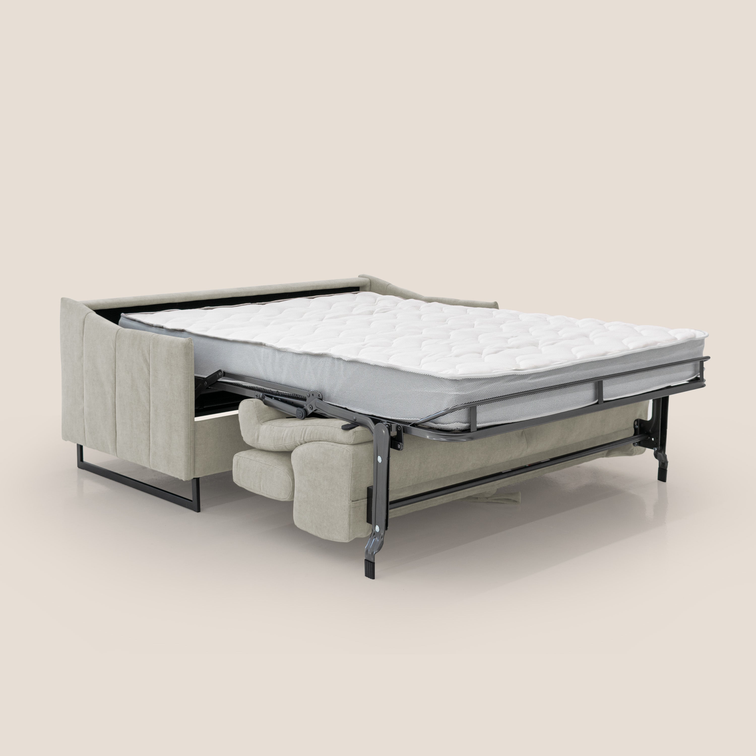 Loto divano letto salvaspazio materasso H18 cm con piedi alti in morbido tessuto impermeabile T14 panna - divani.store