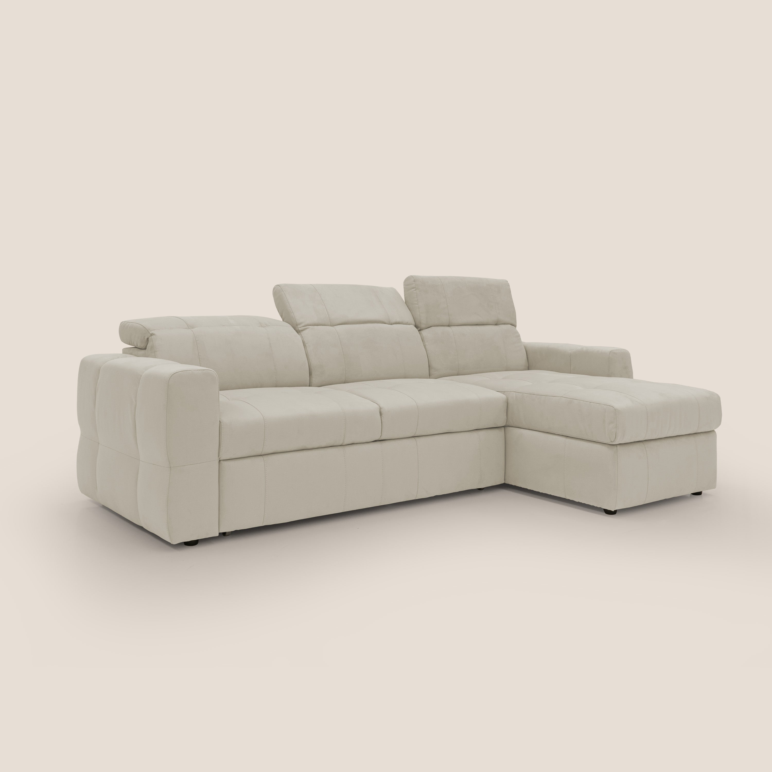 Kronos Divano angolare con pouf estraibile e penisola contenitore in microfibra impermeabile T11 panna - divani.store