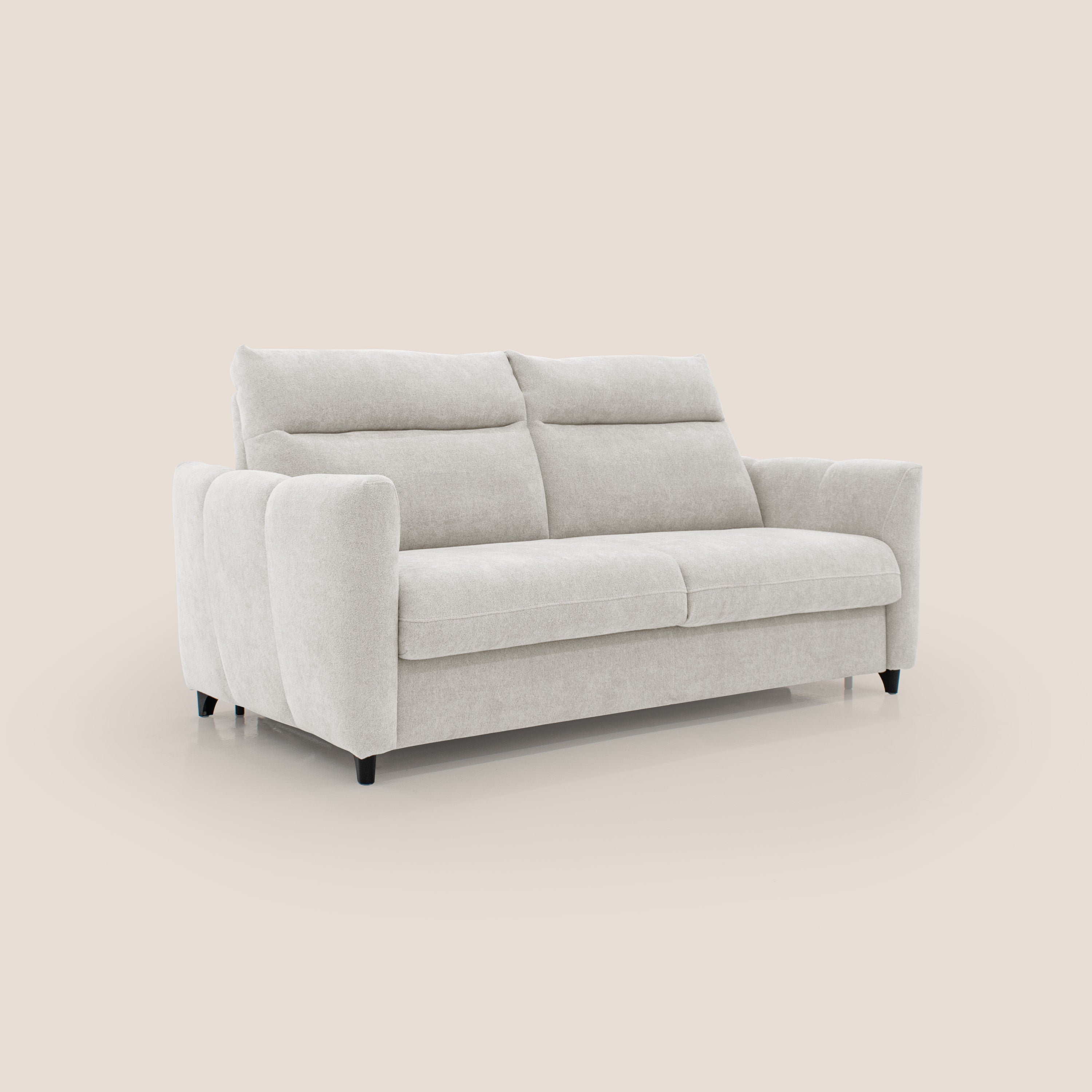Peonia divano letto scandinavo con materasso H18 cm e morbido e alto schienale in tessuto Bouclé impermeabile T07 bianco - divani.store