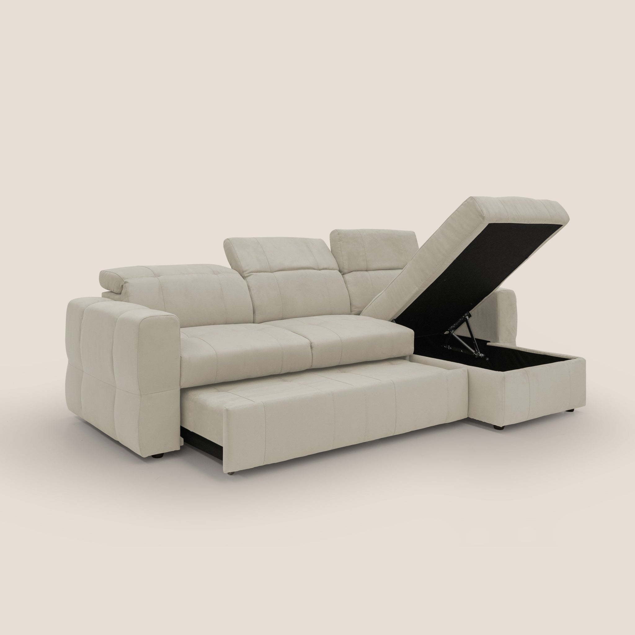 Kronos Ecksofa mit ausziehbarer Ottomane und Staufach aus wasserfester Mikrofaser T11