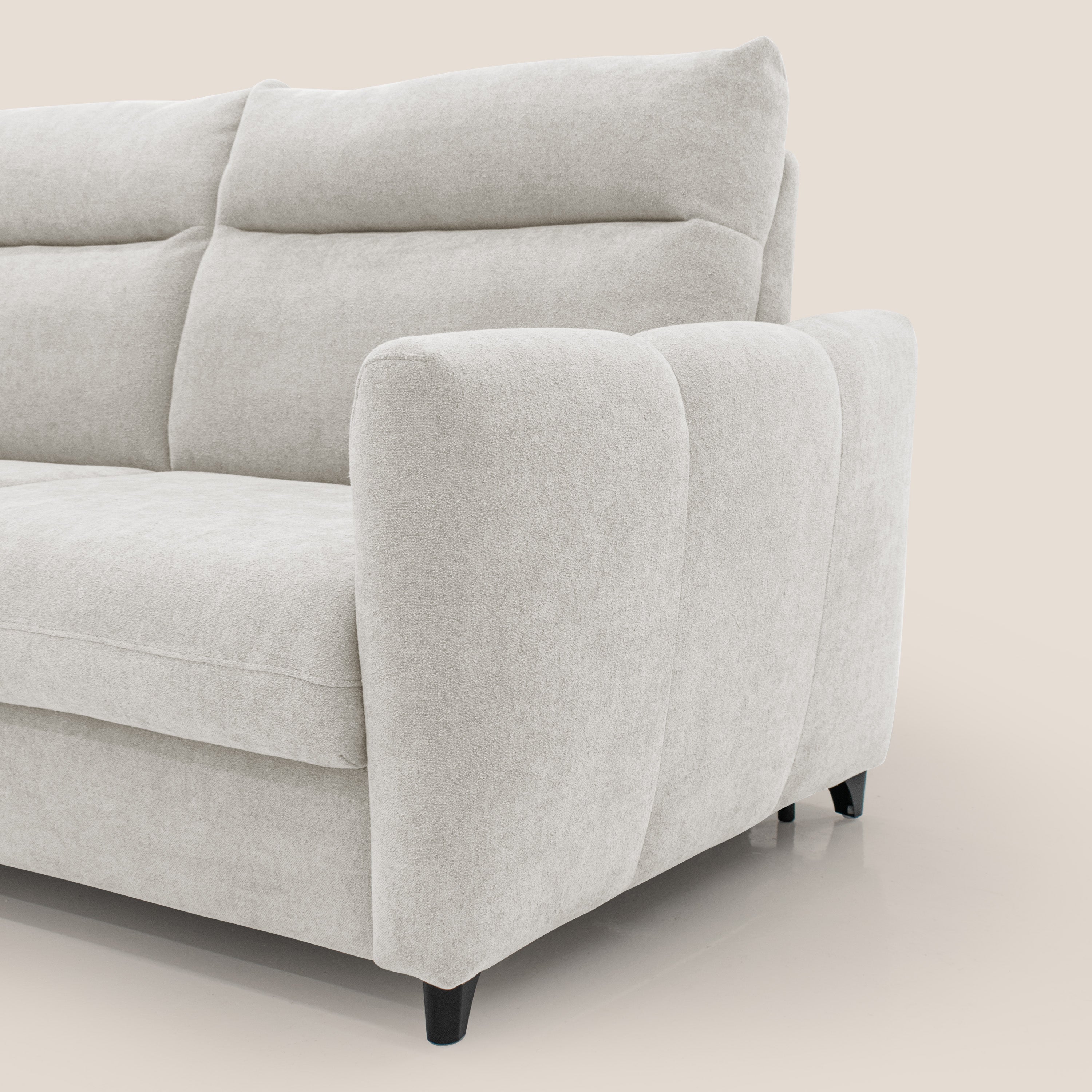 Peonia divano letto scandinavo con materasso H18 cm e morbido e alto schienale in tessuto Bouclé impermeabile T07 bianco - divani.store