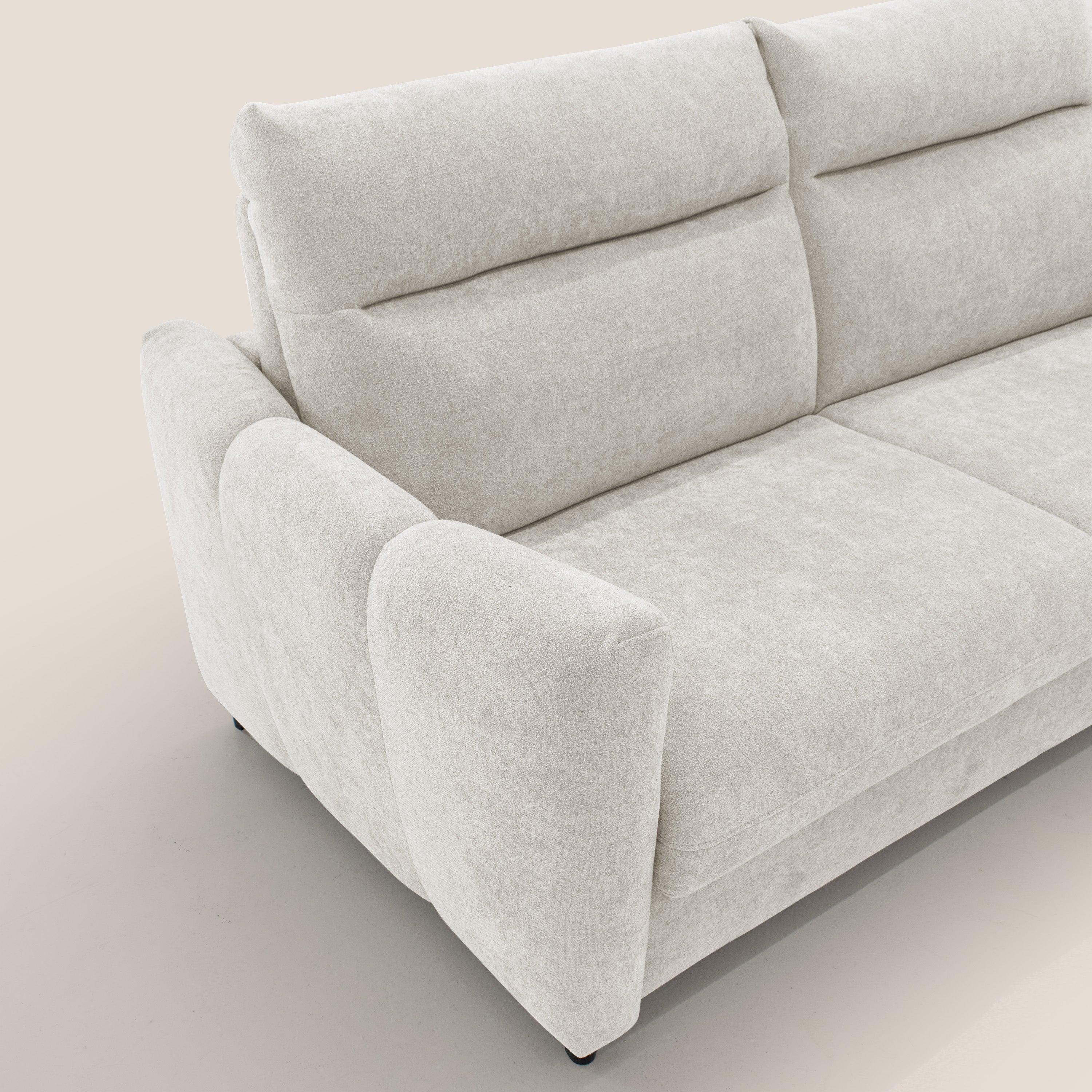 Peonia divano letto scandinavo con materasso H18 cm e morbido e alto schienale in tessuto Bouclé impermeabile T07 bianco - divani.store