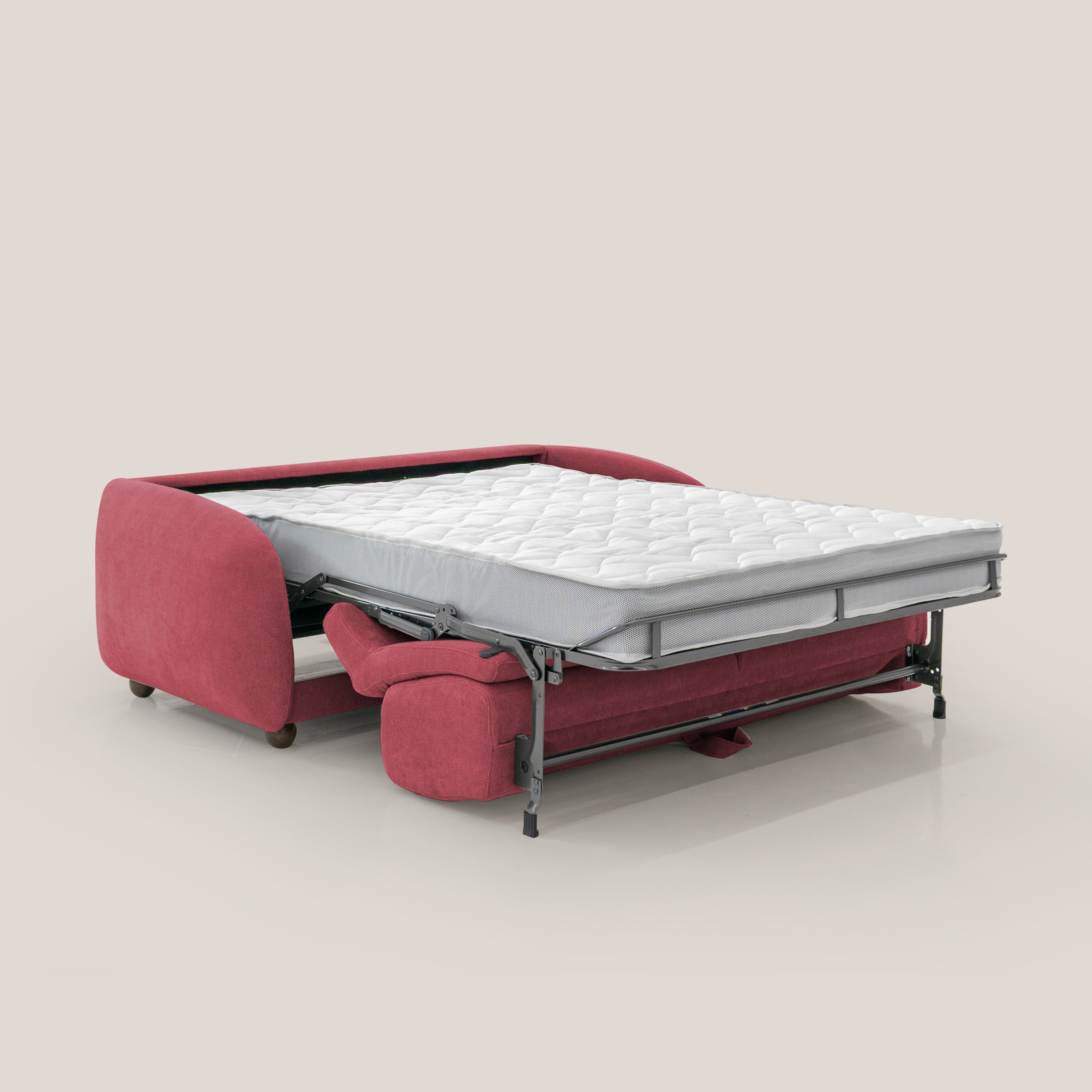Giglio divano letto scandinavo japandi con materasso H18 cm in tessuto Bouclé impermeabile T07 rosso - divani.store