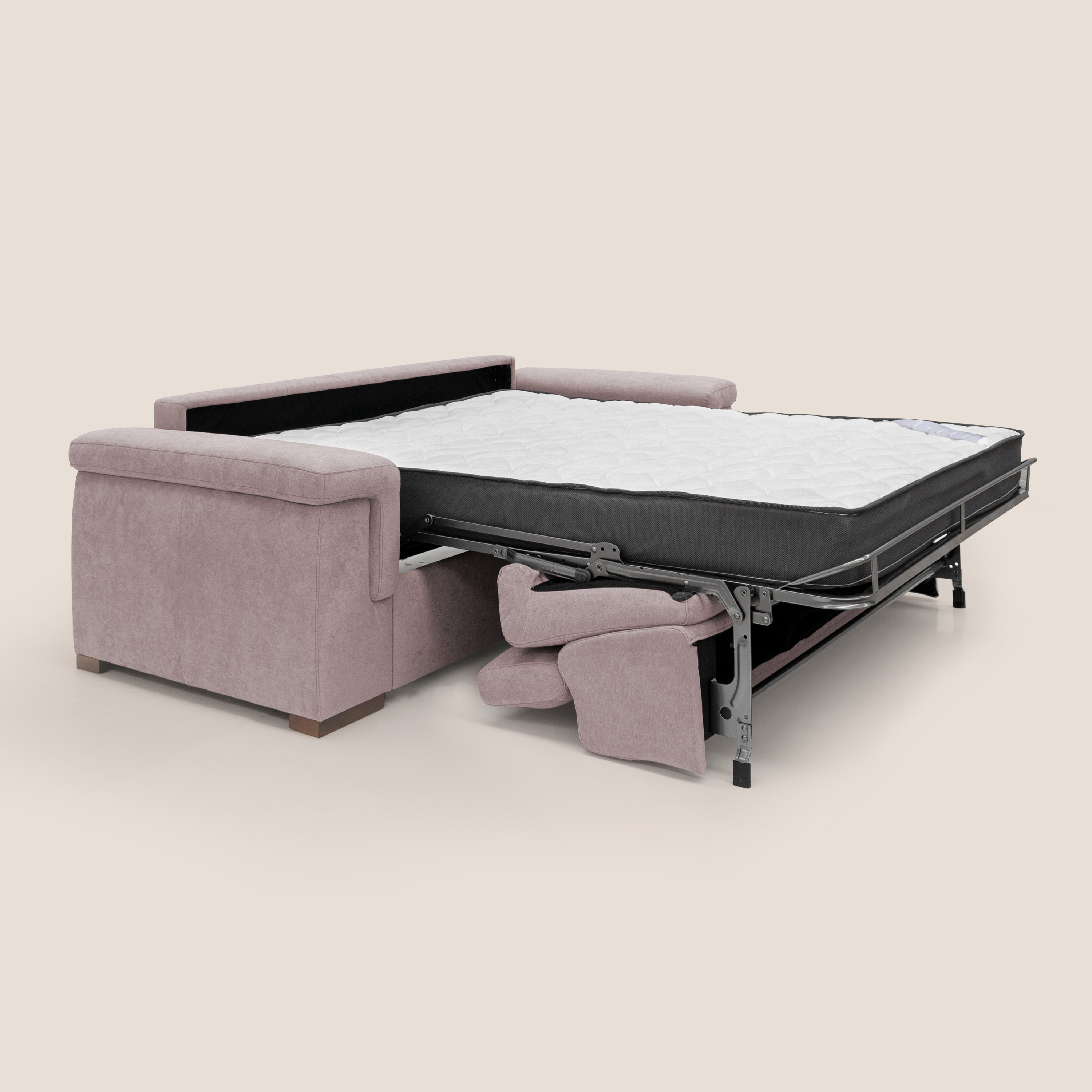 Giunone divano letto con materasso alto 18 cm e poggiatesta reclinabili in tessuto impermeabile T02 rosa - divani.store
