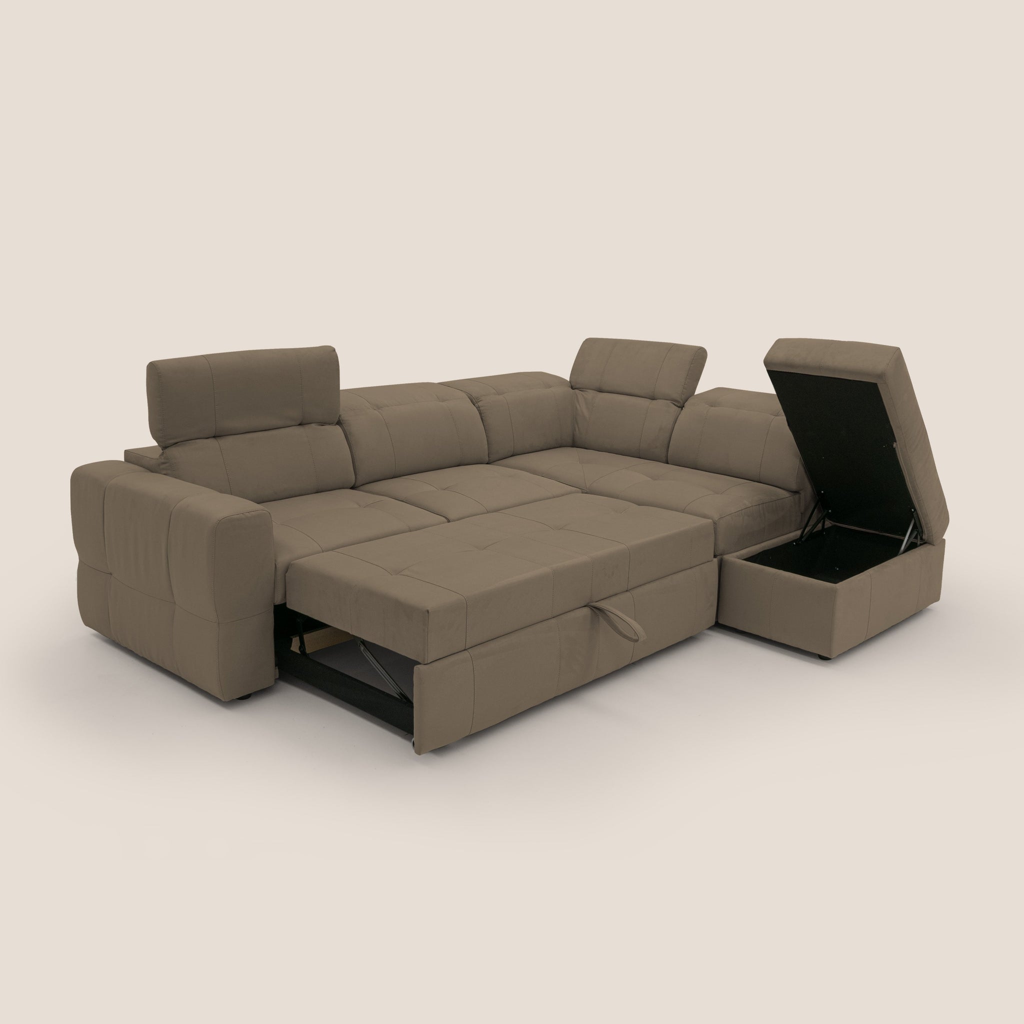 Kronos Ecksofa mit ausziehbarer Ottomane und mobilem Hocker mit Staufach aus wasserfester Mikrofaser T11