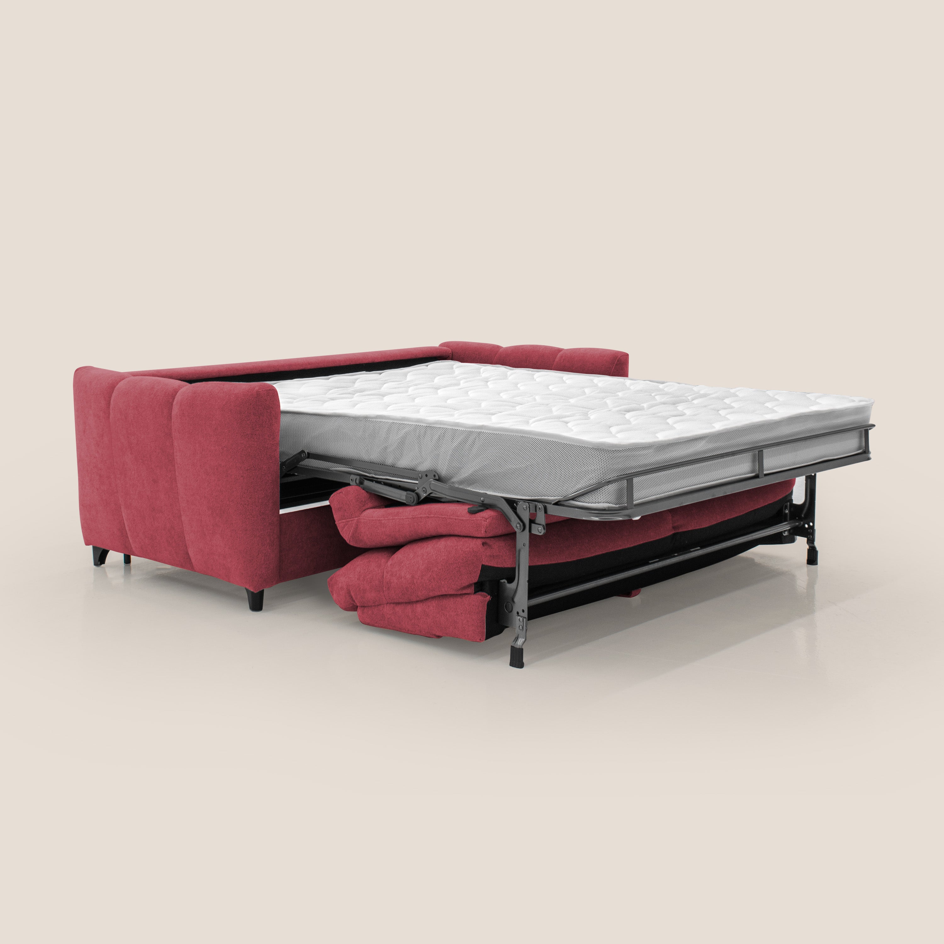 Peonia divano letto scandinavo con materasso H18 cm e morbido e alto schienale in tessuto Bouclé impermeabile T07 rosso - divani.store