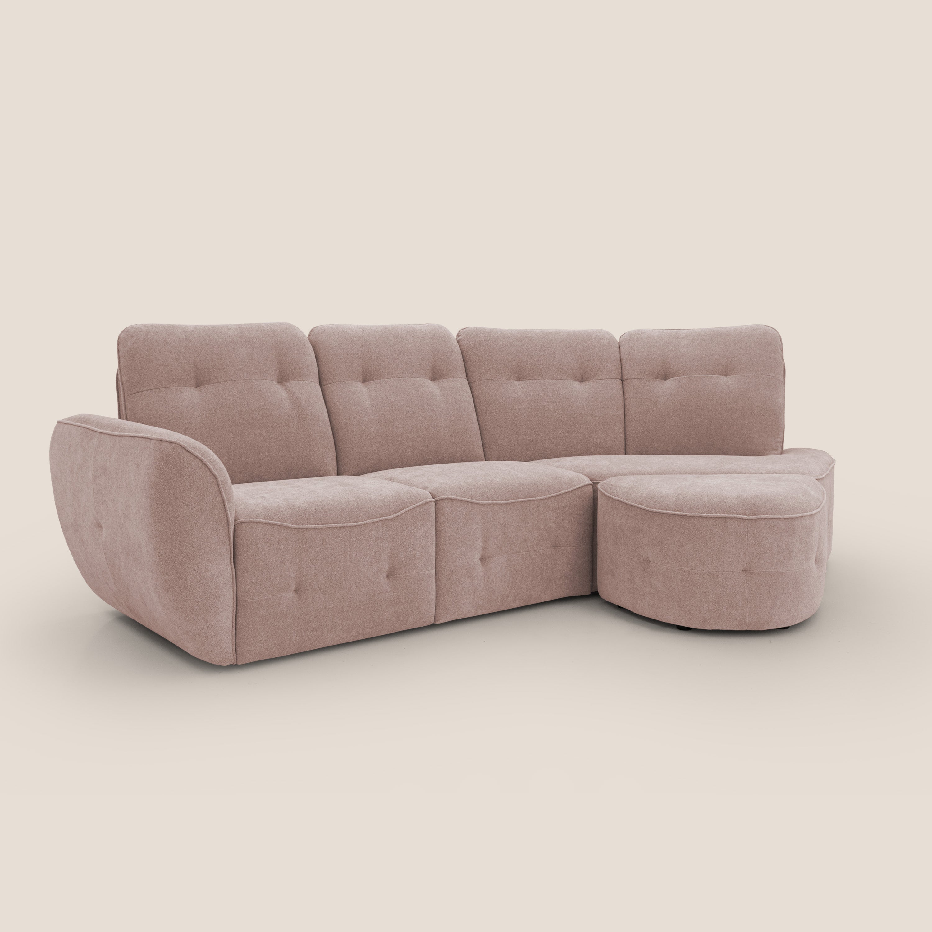 Cerbero divano angolare con pouf mobile in morbido bouclé impermeabile T07 rosa - divani.store