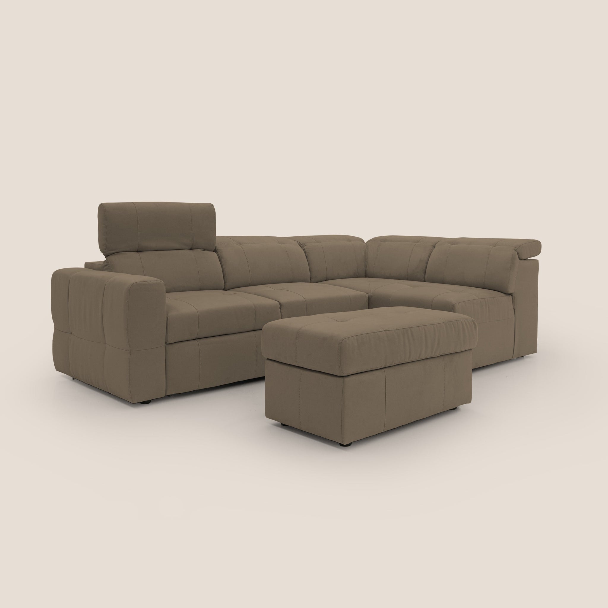 Kronos Ecksofa mit ausziehbarer Ottomane und mobilem Hocker mit Staufach aus wasserfester Mikrofaser T11