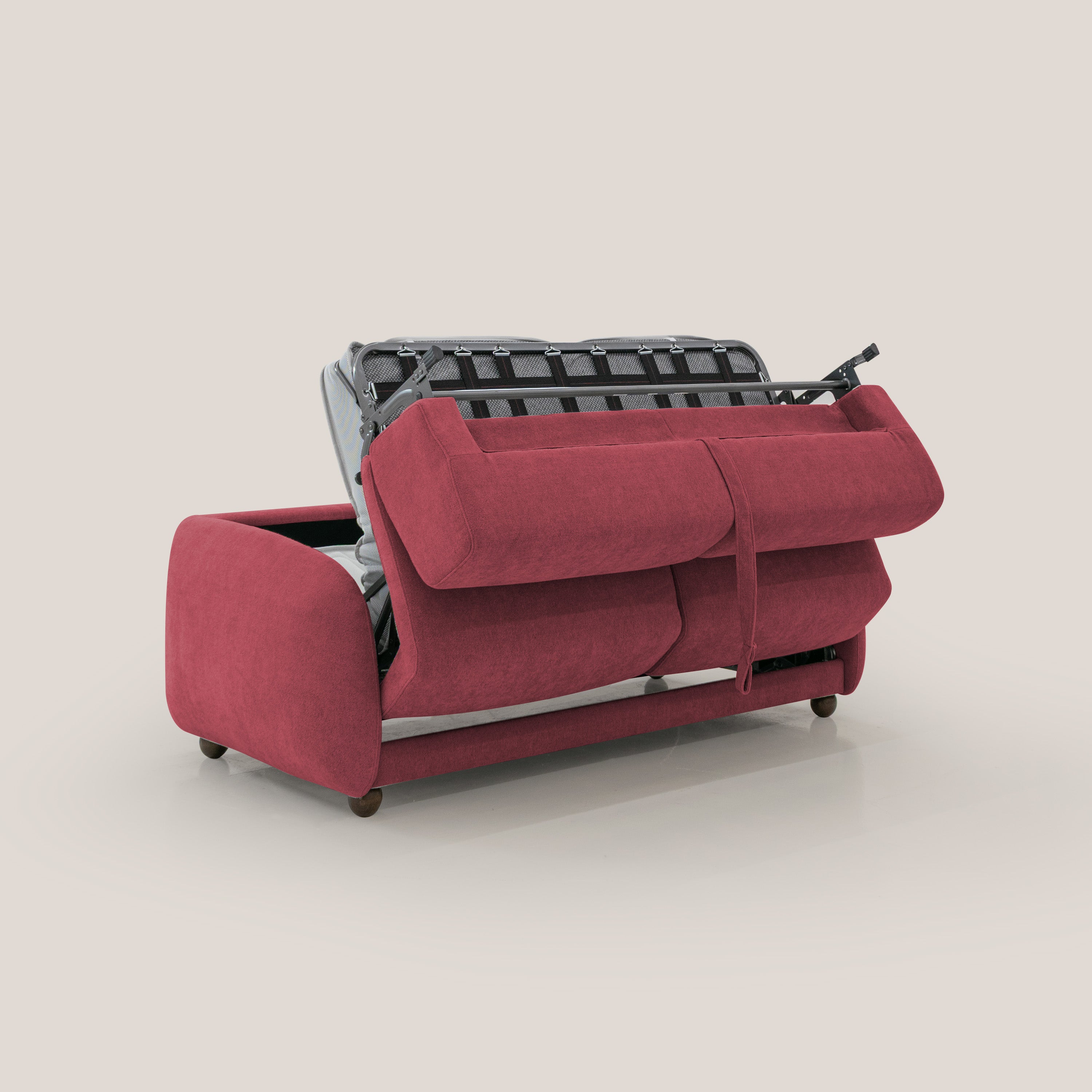 Giglio divano letto scandinavo japandi con materasso H18 cm in tessuto Bouclé impermeabile T07 rosso - divani.store