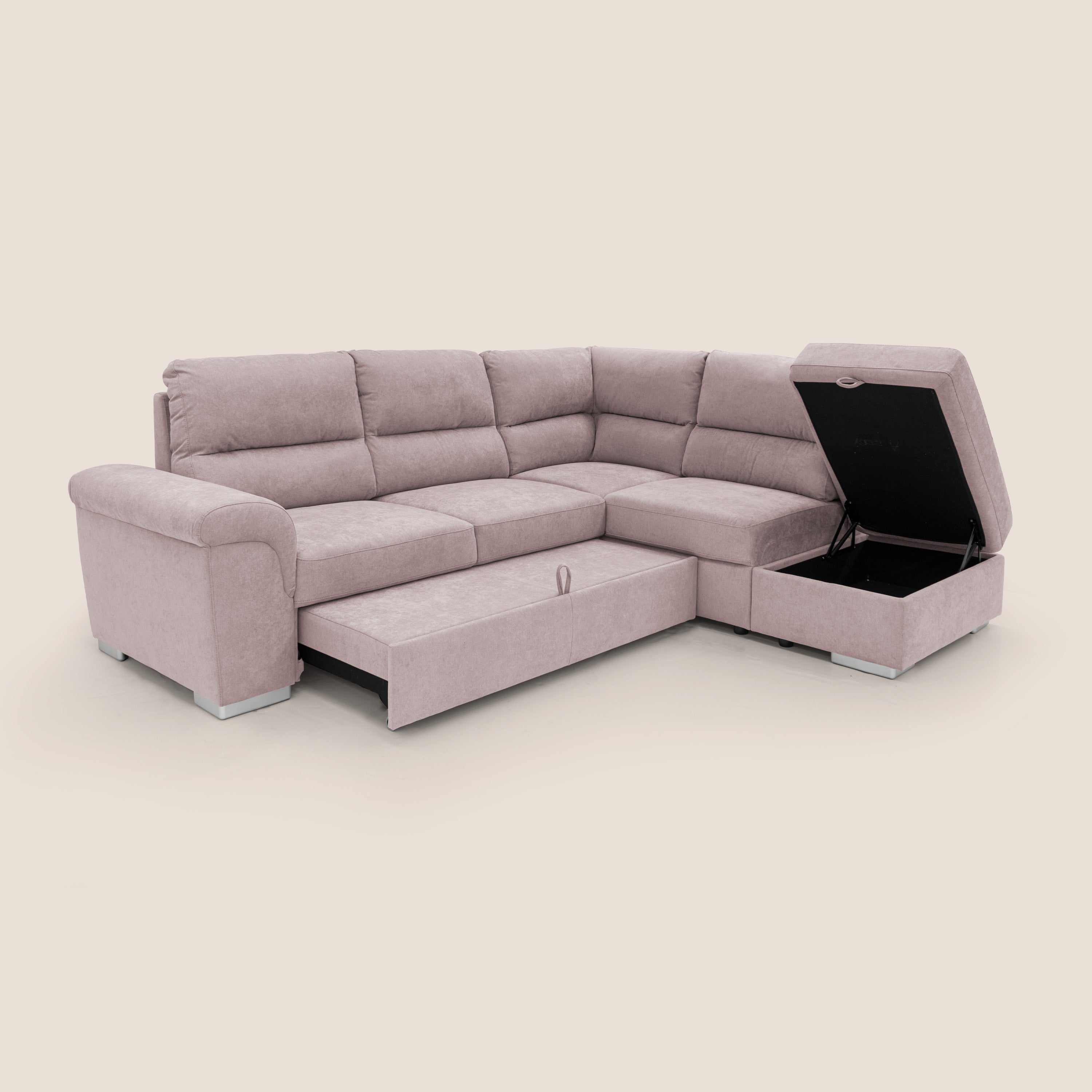 Minerva divano angolare con estraibile a cassettone e pouf contenitore in tessuto morbido impermeabile T02 rosa - divani.store