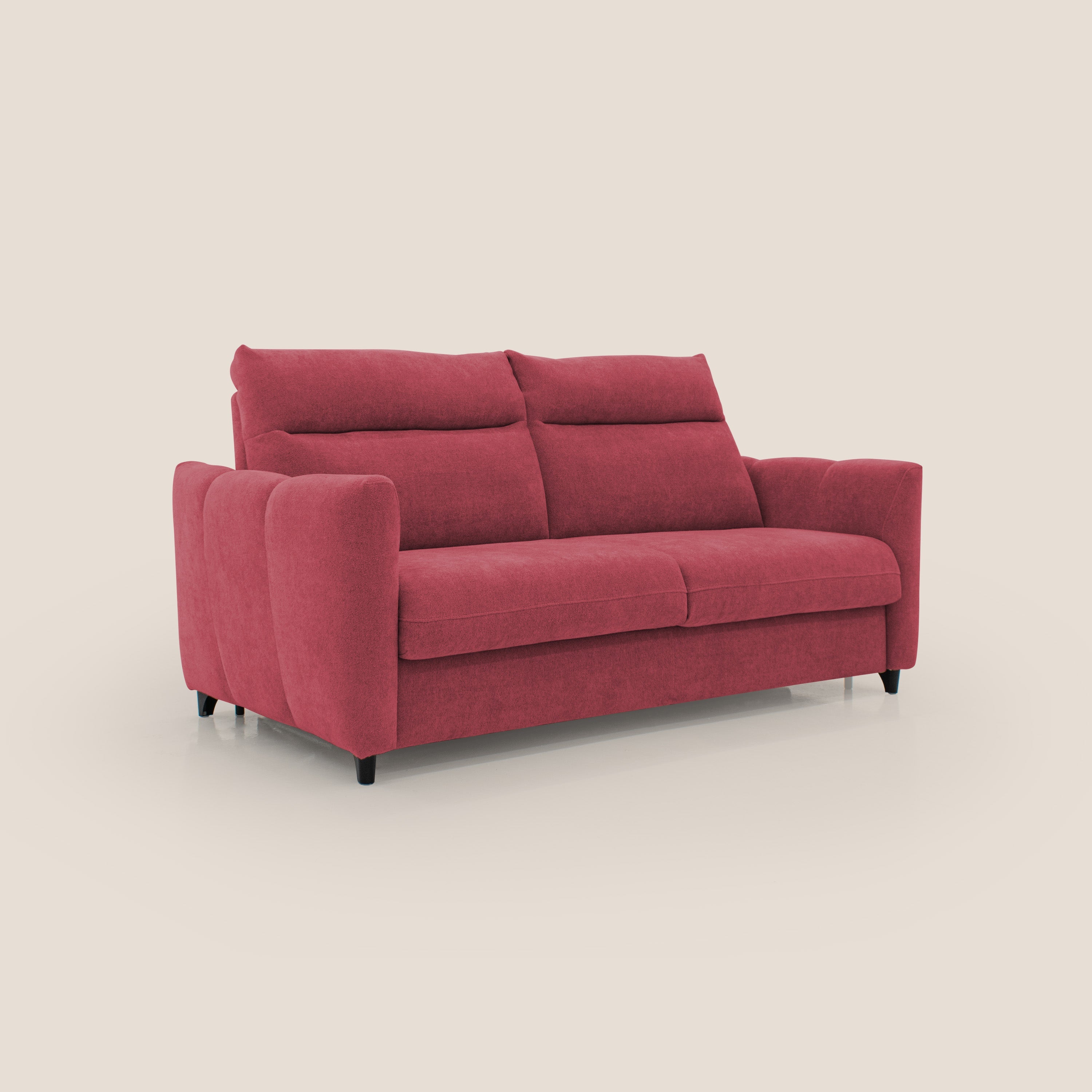 Peonia divano letto scandinavo con materasso H18 cm e morbido e alto schienale in tessuto Bouclé impermeabile T07 rosso - divani.store