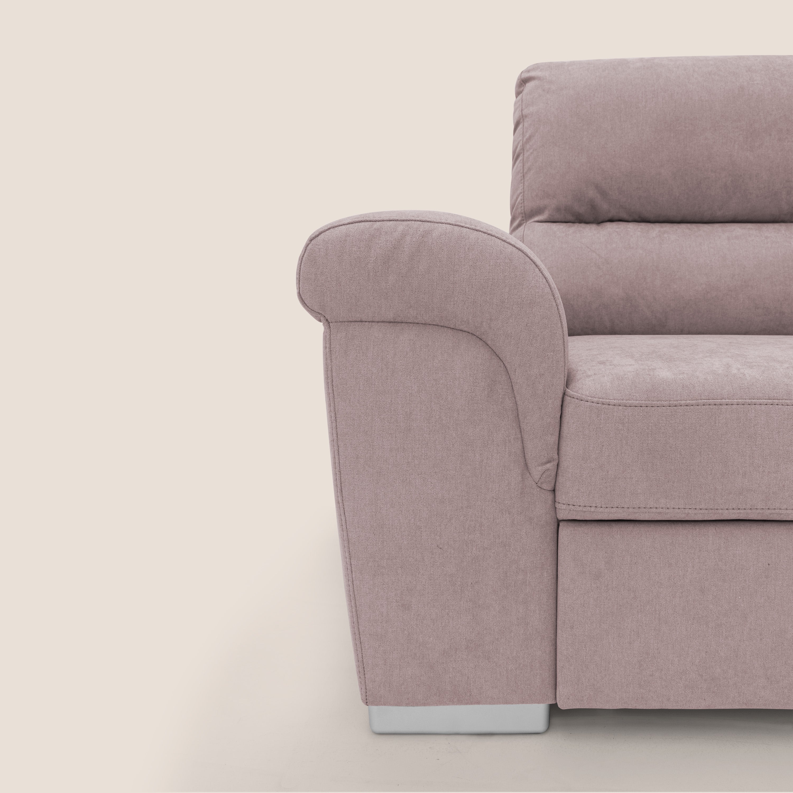 Minerva divano angolare con estraibile a cassettone e pouf contenitore in tessuto morbido impermeabile T02 rosa - divani.store