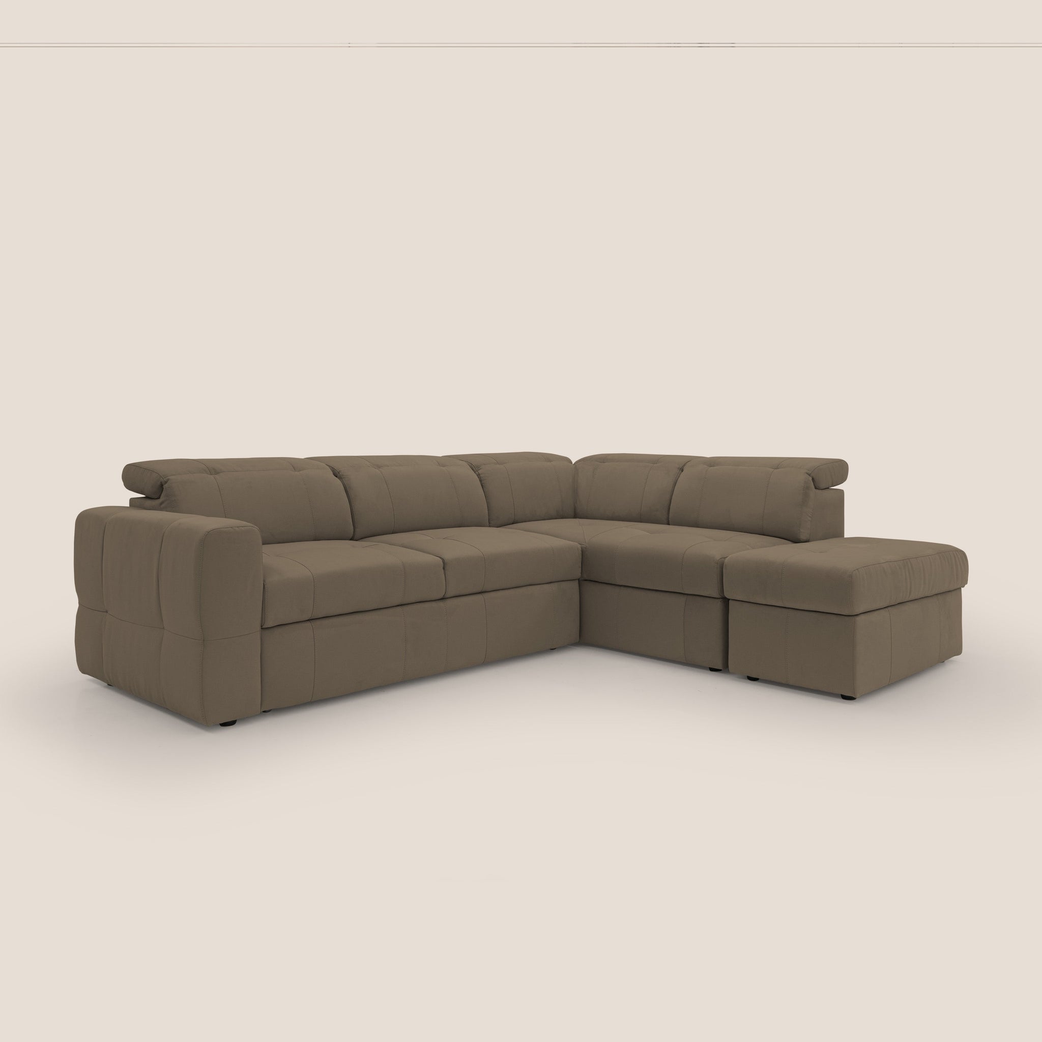 Kronos Ecksofa mit ausziehbarer Ottomane und mobilem Hocker mit Staufach aus wasserfester Mikrofaser T11