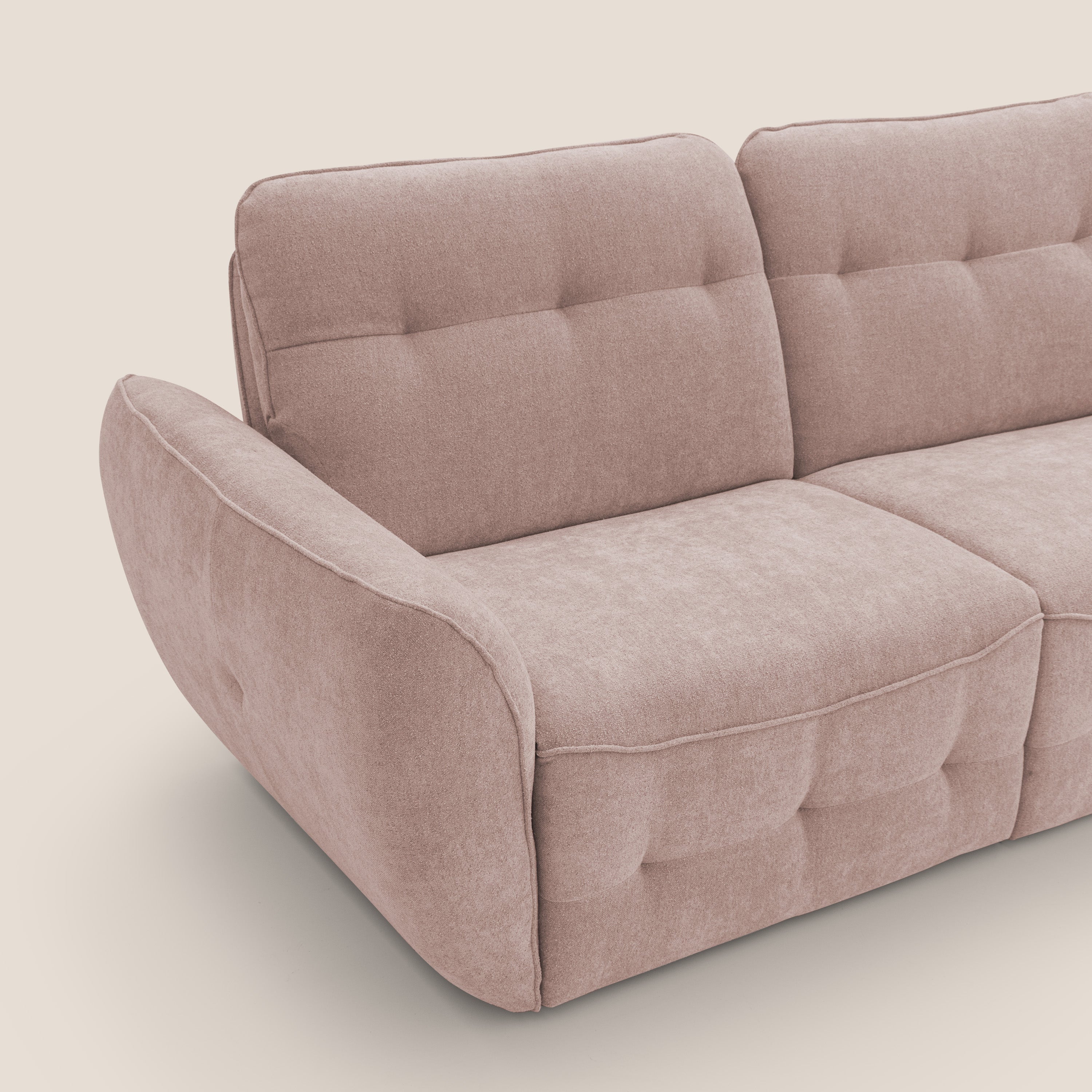 Cerbero divano angolare con pouf mobile in morbido bouclé impermeabile T07 rosa - divani.store