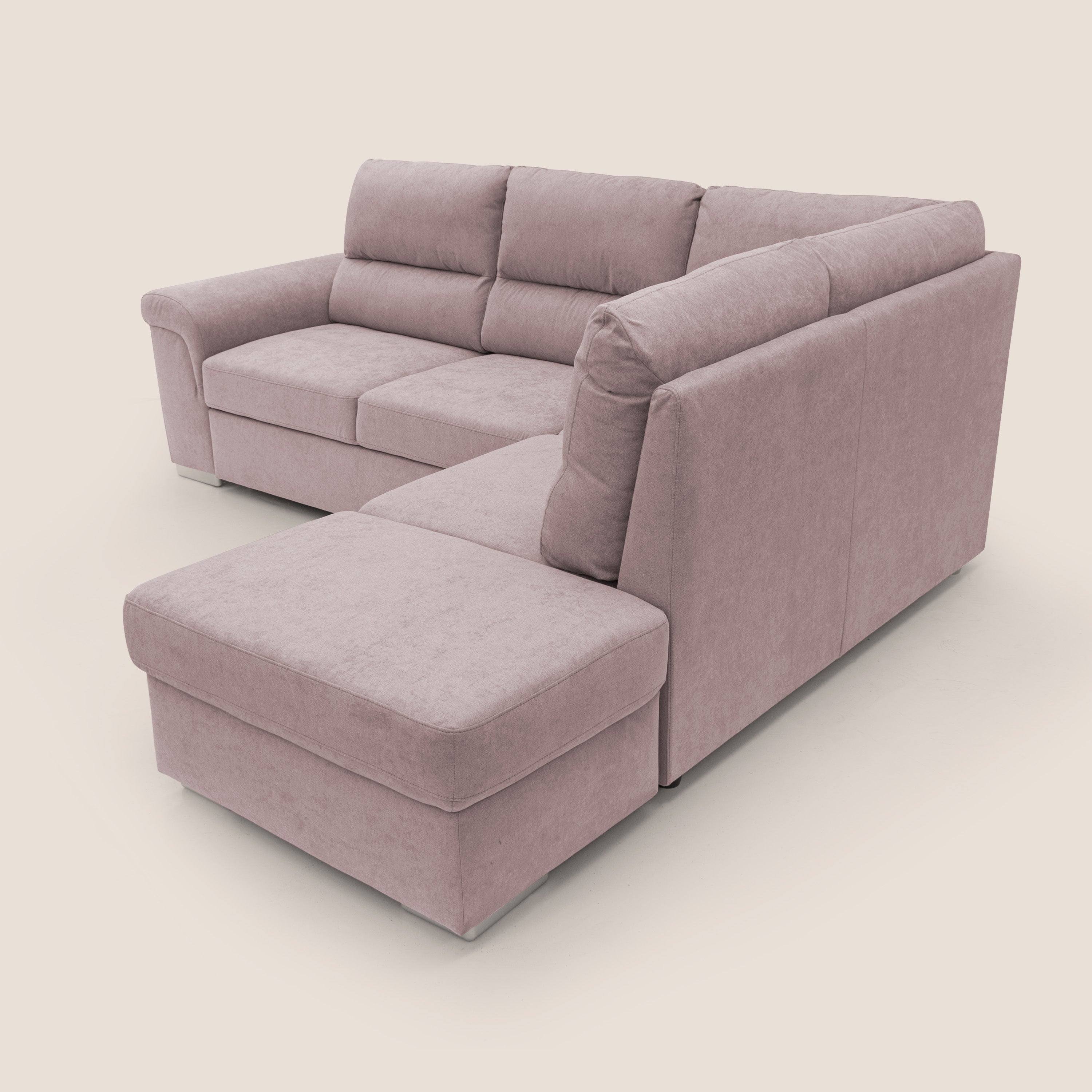 Minerva divano angolare con estraibile a cassettone e pouf contenitore in tessuto morbido impermeabile T02 rosa - divani.store