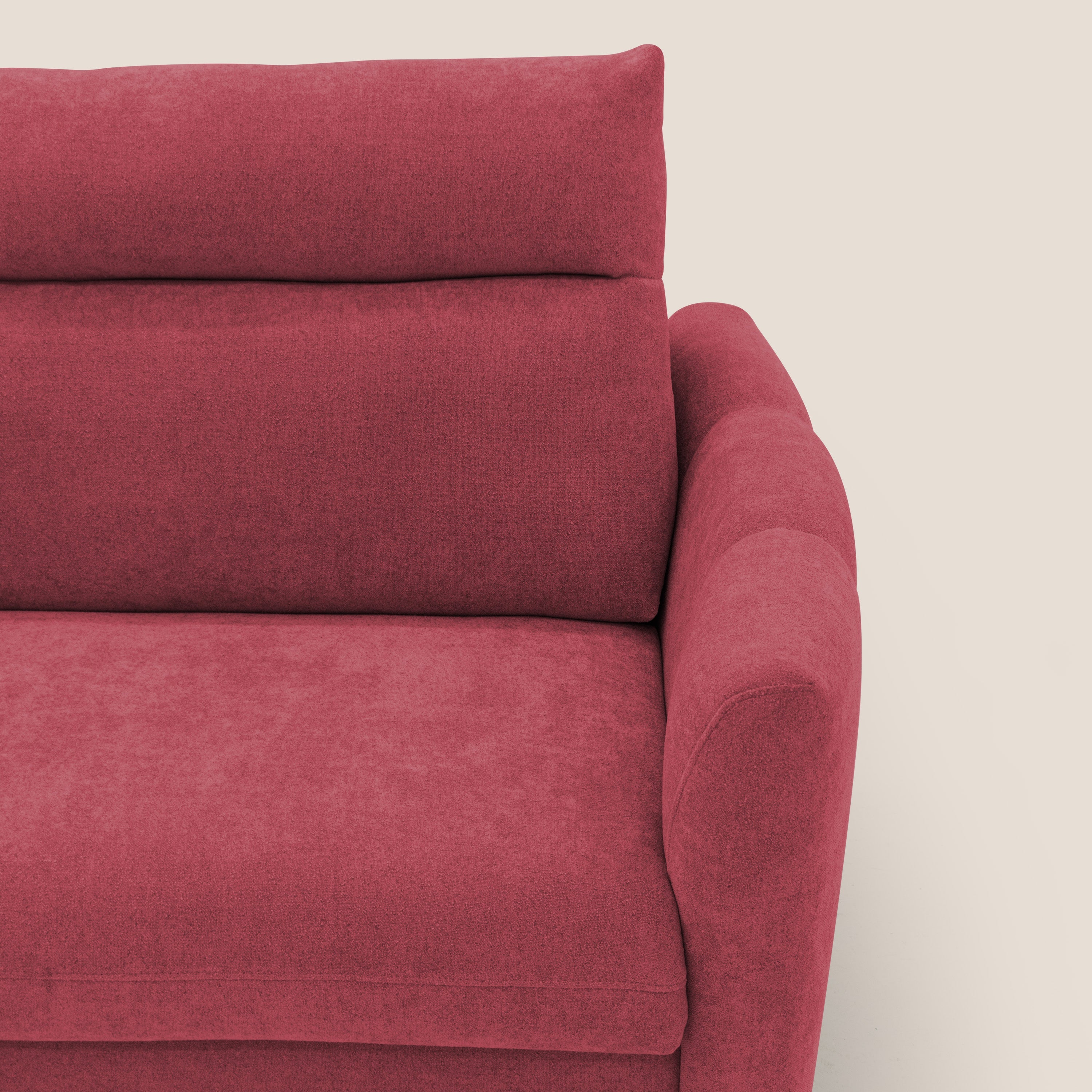 Peonia divano letto scandinavo con materasso H18 cm e morbido e alto schienale in tessuto Bouclé impermeabile T07 rosso - divani.store