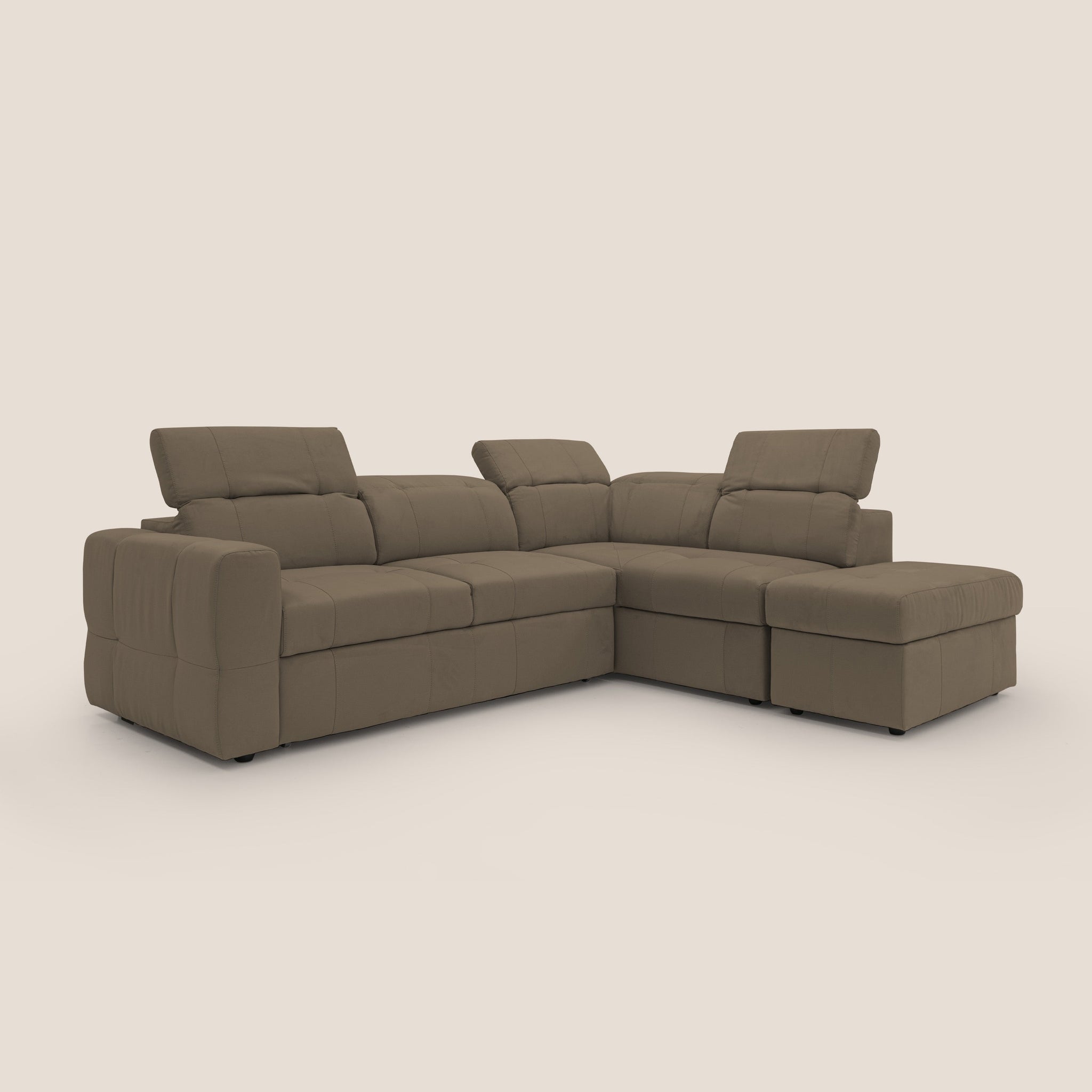 Kronos Ecksofa mit ausziehbarer Ottomane und mobilem Hocker mit Staufach aus wasserfester Mikrofaser T11