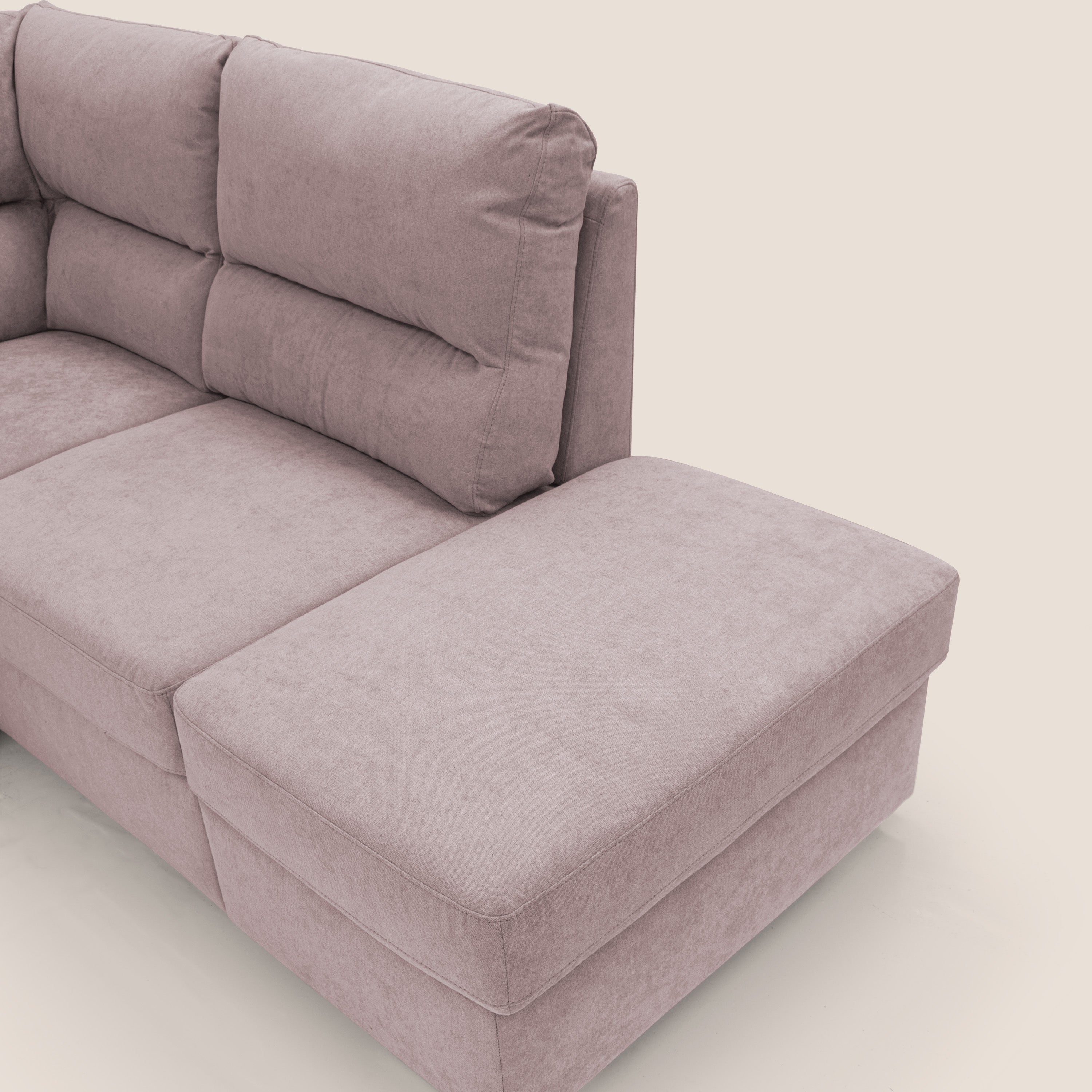 Minerva divano angolare con estraibile a cassettone e pouf contenitore in tessuto morbido impermeabile T02 rosa - divani.store