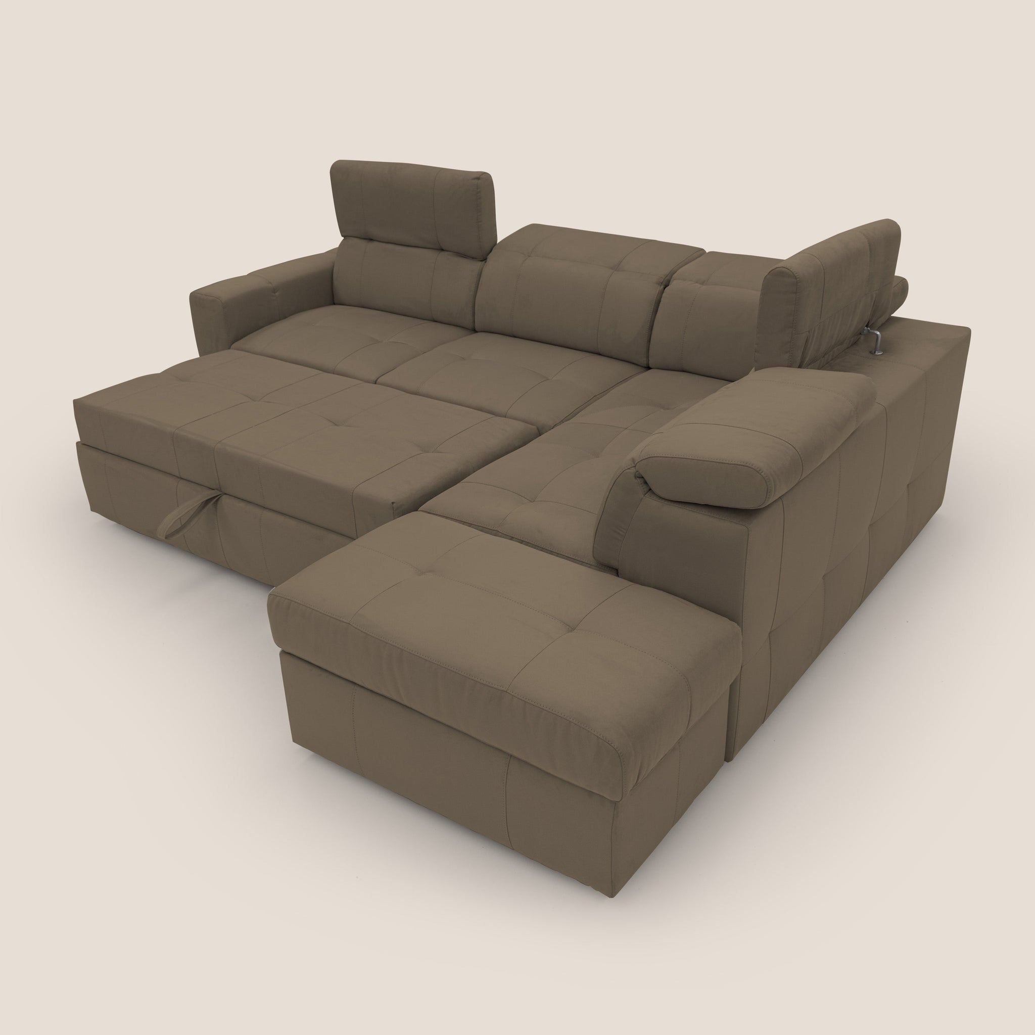 Kronos Ecksofa mit ausziehbarer Ottomane und mobilem Hocker mit Staufach aus wasserfester Mikrofaser T11