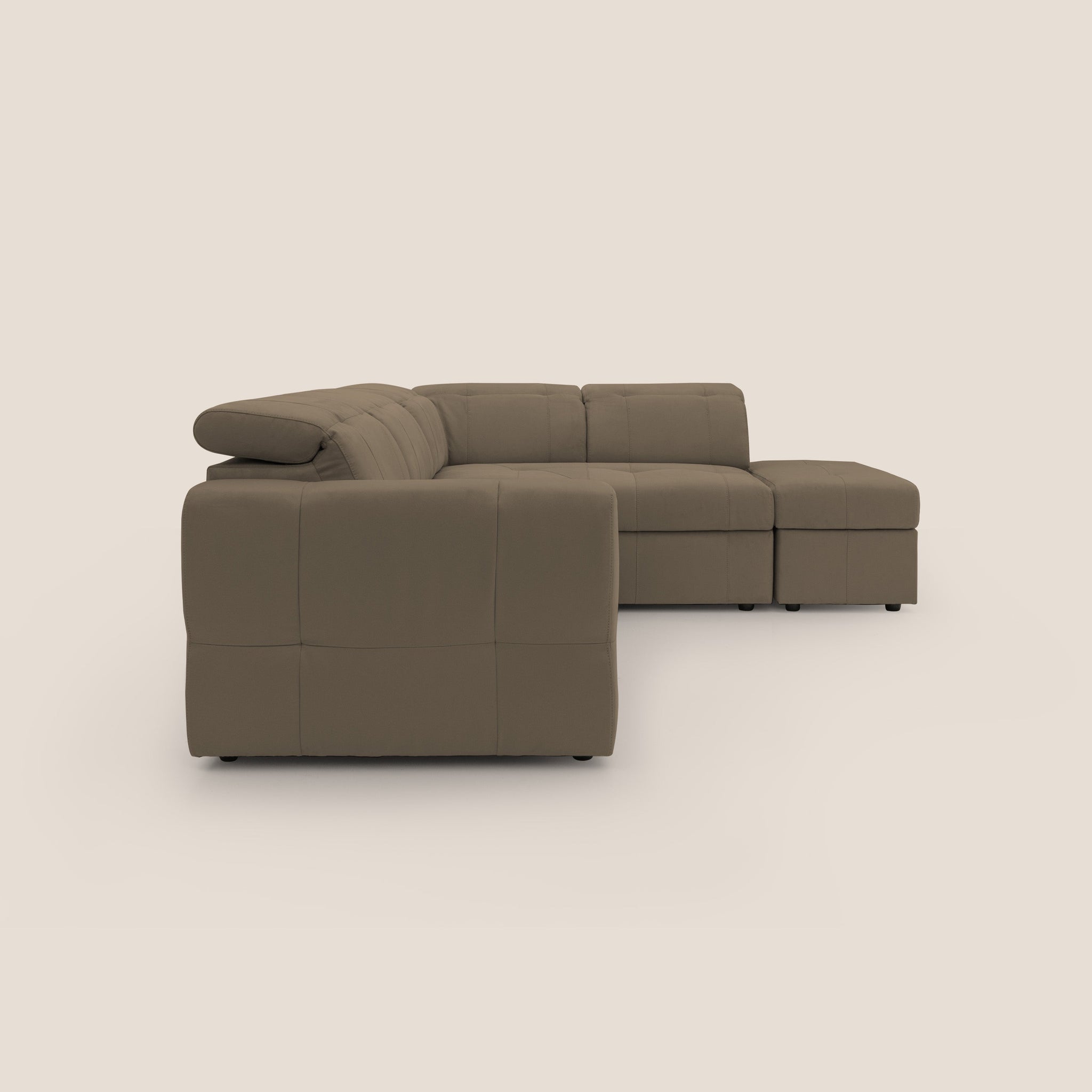 Kronos Ecksofa mit ausziehbarer Ottomane und mobilem Hocker mit Staufach aus wasserfester Mikrofaser T11