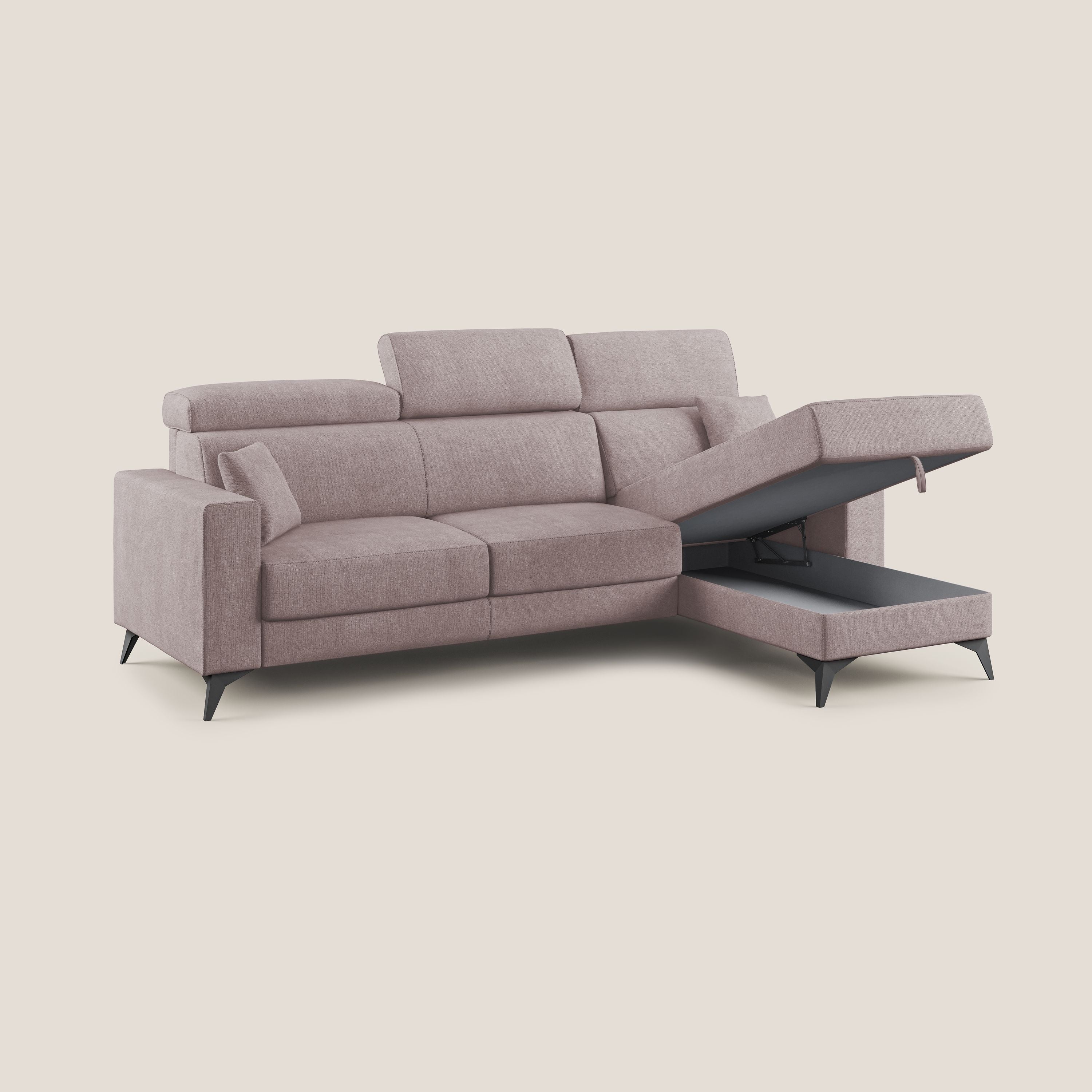 Pegaso divano letto angolare con poggiatesta reclinabili e rivestimento impermeabile T02 rosa - divani.store