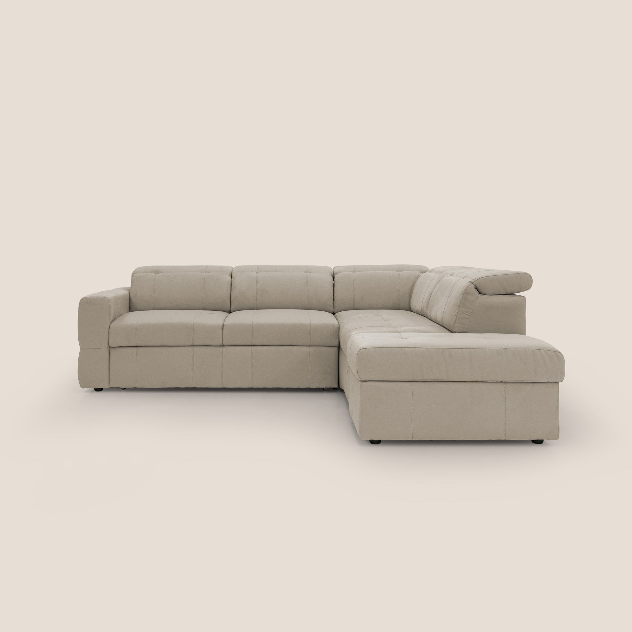 Kronos Ecksofa mit ausziehbarer Ottomane und mobilem Hocker mit Staufach aus wasserfester Mikrofaser T11