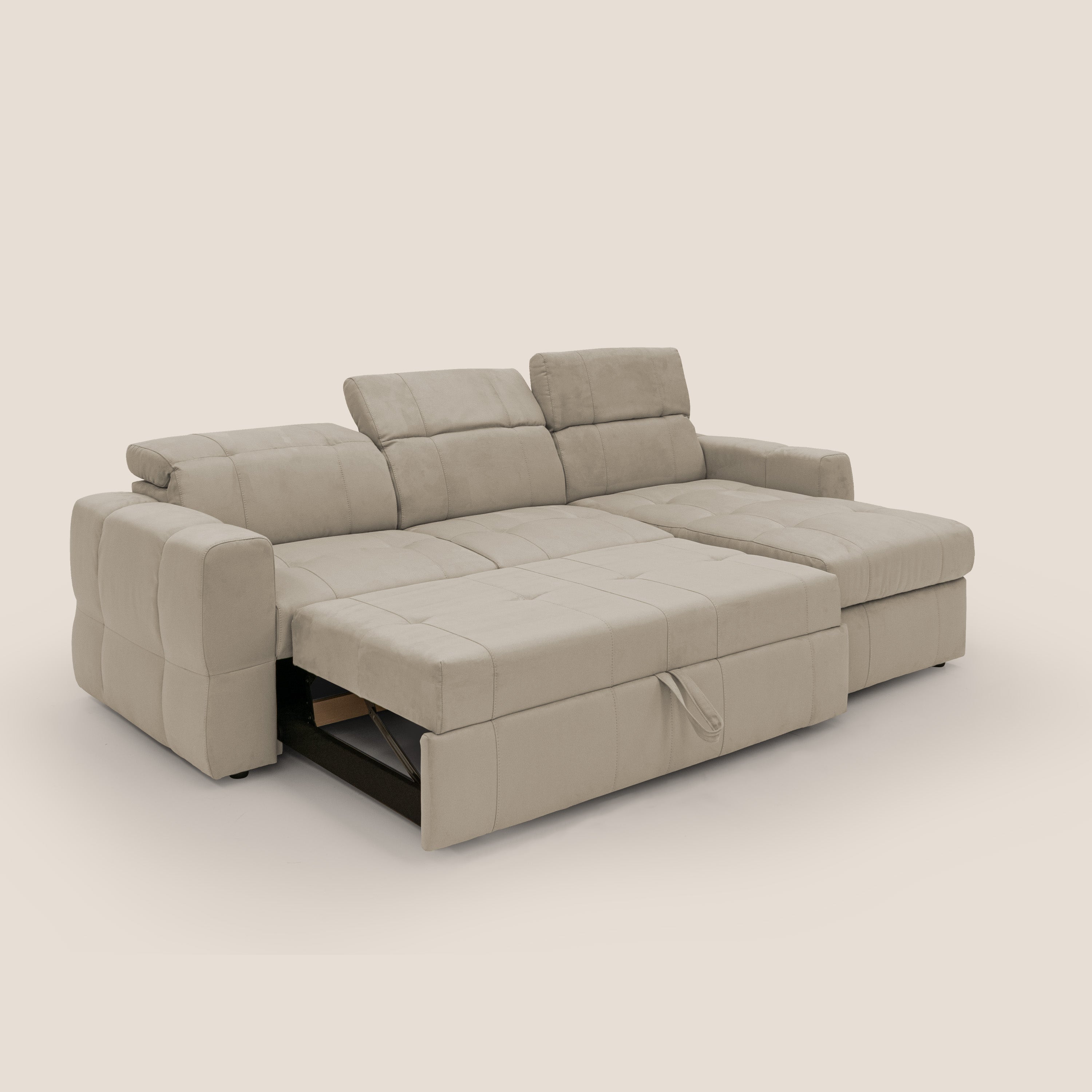 Kronos Divano angolare con pouf estraibile e penisola contenitore in microfibra impermeabile T11 tortora - divani.store