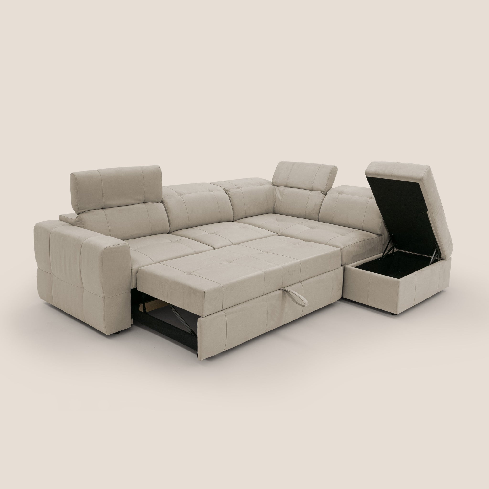 Kronos Ecksofa mit ausziehbarer Ottomane und mobilem Hocker mit Staufach aus wasserfester Mikrofaser T11