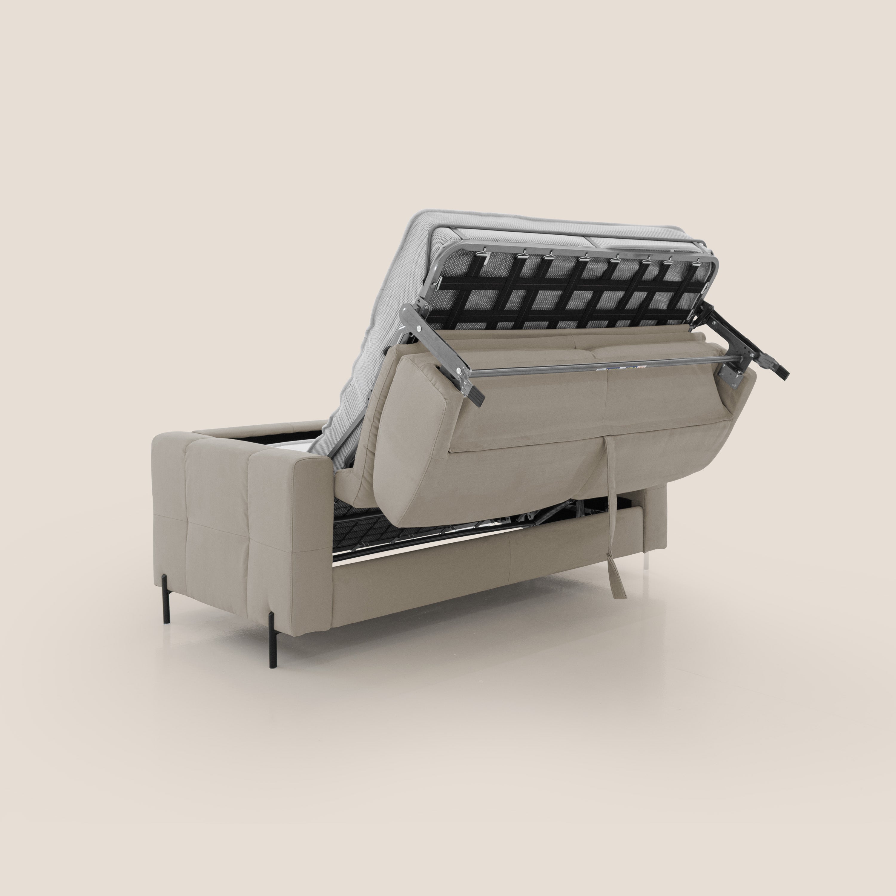 Ortensia divano letto materasso H18 cm con piedi alti in elegante microfibra smacchiabile T11 tortora - divani.store