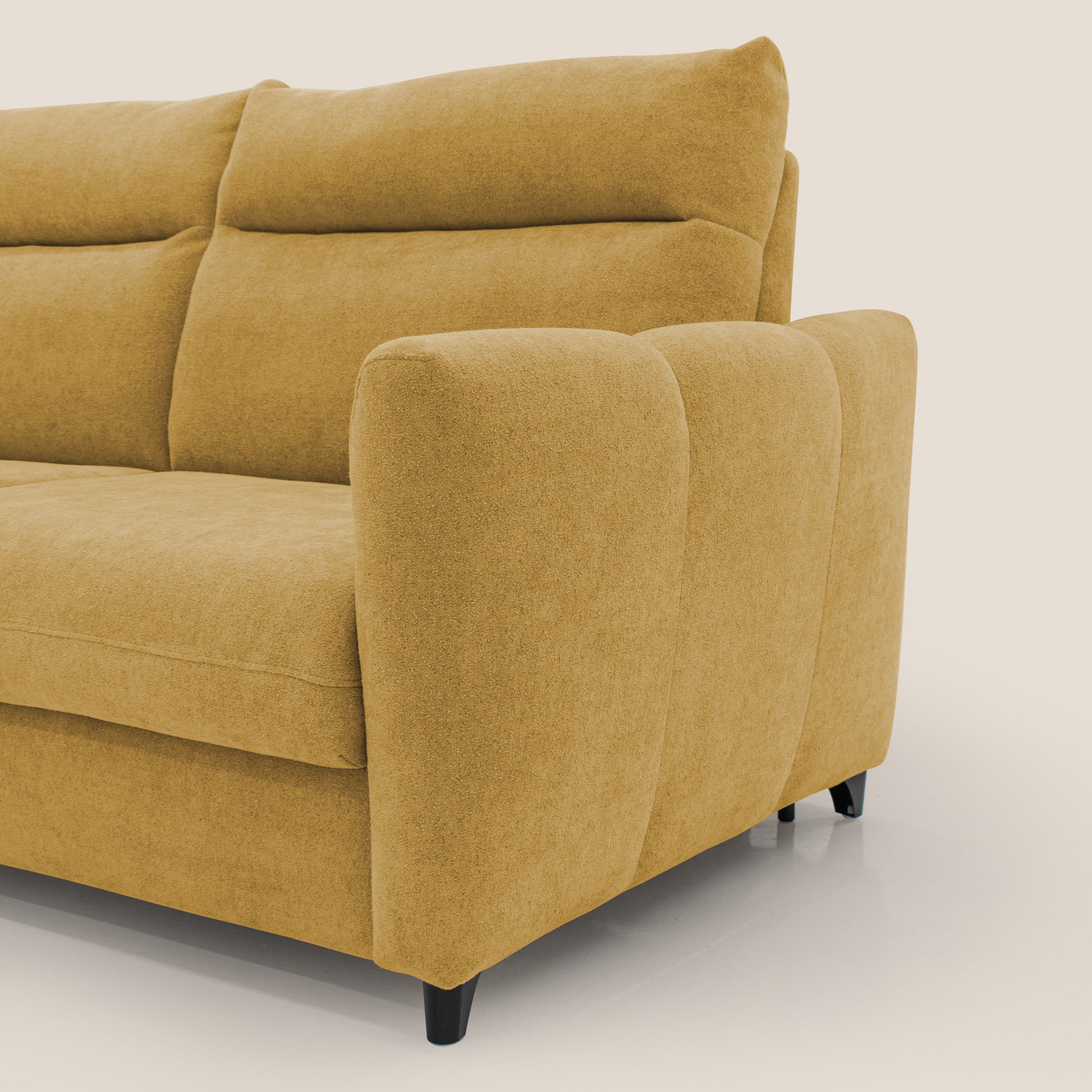 Peonia divano letto scandinavo con materasso H18 cm e morbido e alto schienale in tessuto Bouclé impermeabile T07 giallo - divani.store