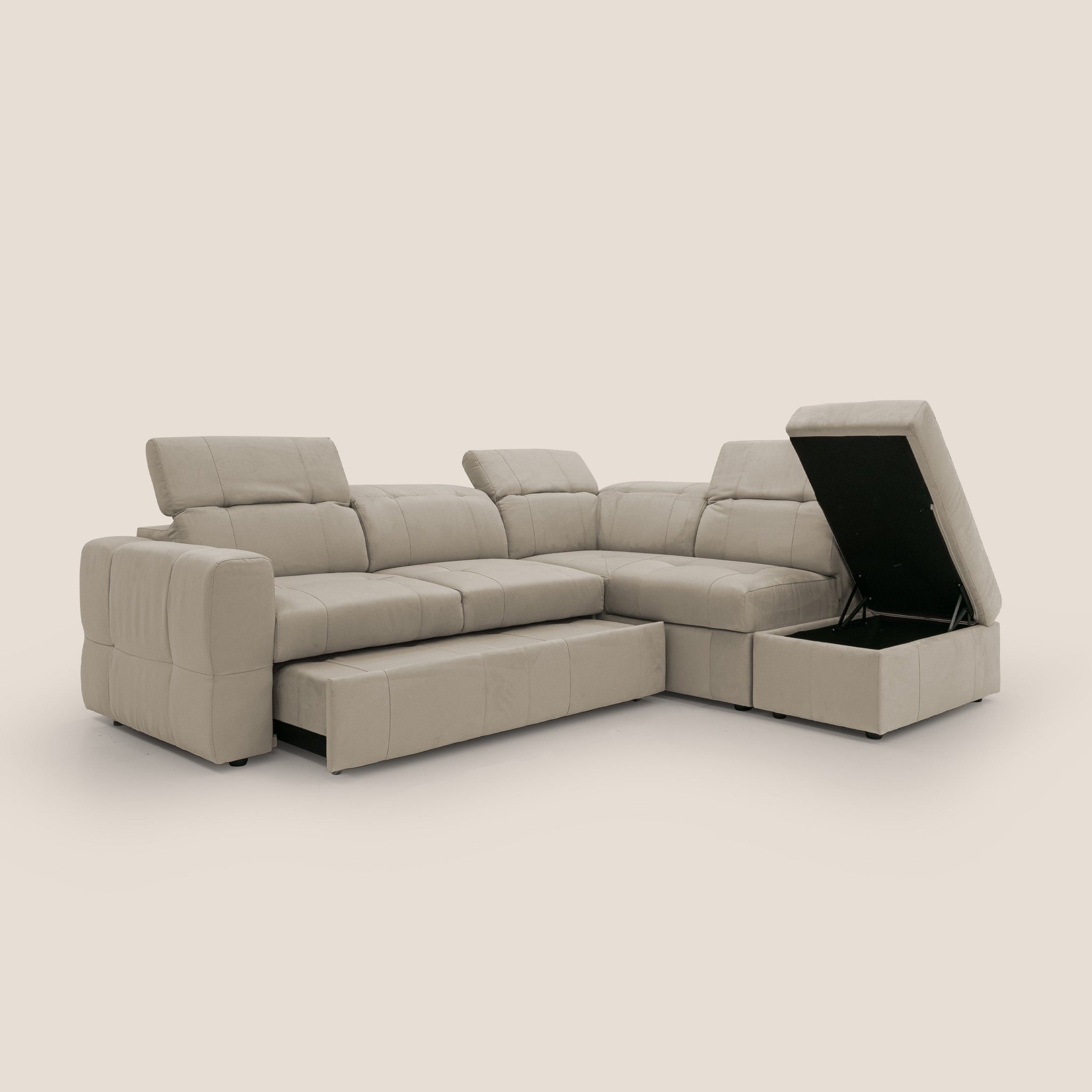 Kronos Ecksofa mit ausziehbarer Ottomane und mobilem Hocker mit Staufach aus wasserfester Mikrofaser T11