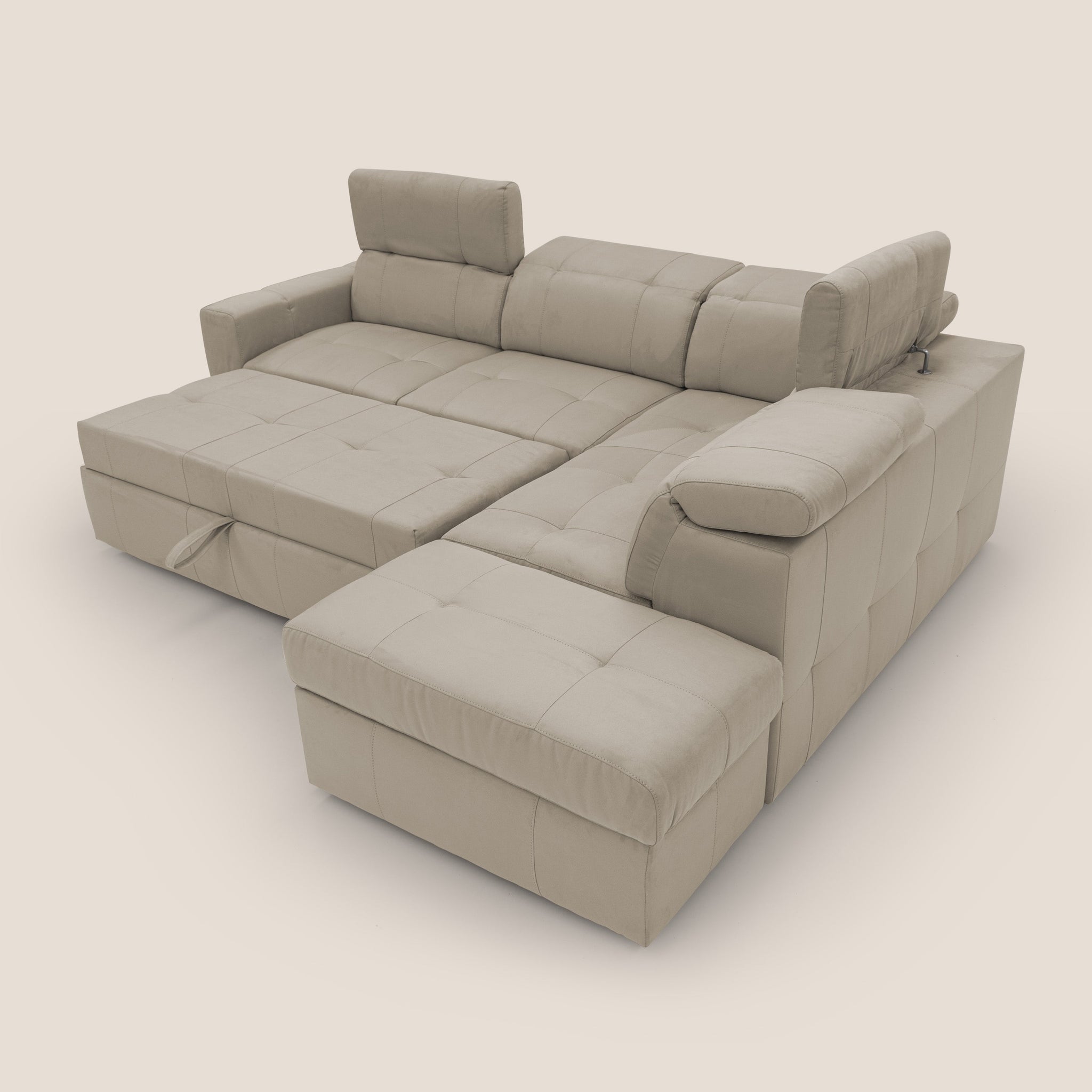 Kronos Ecksofa mit ausziehbarer Ottomane und mobilem Hocker mit Staufach aus wasserfester Mikrofaser T11