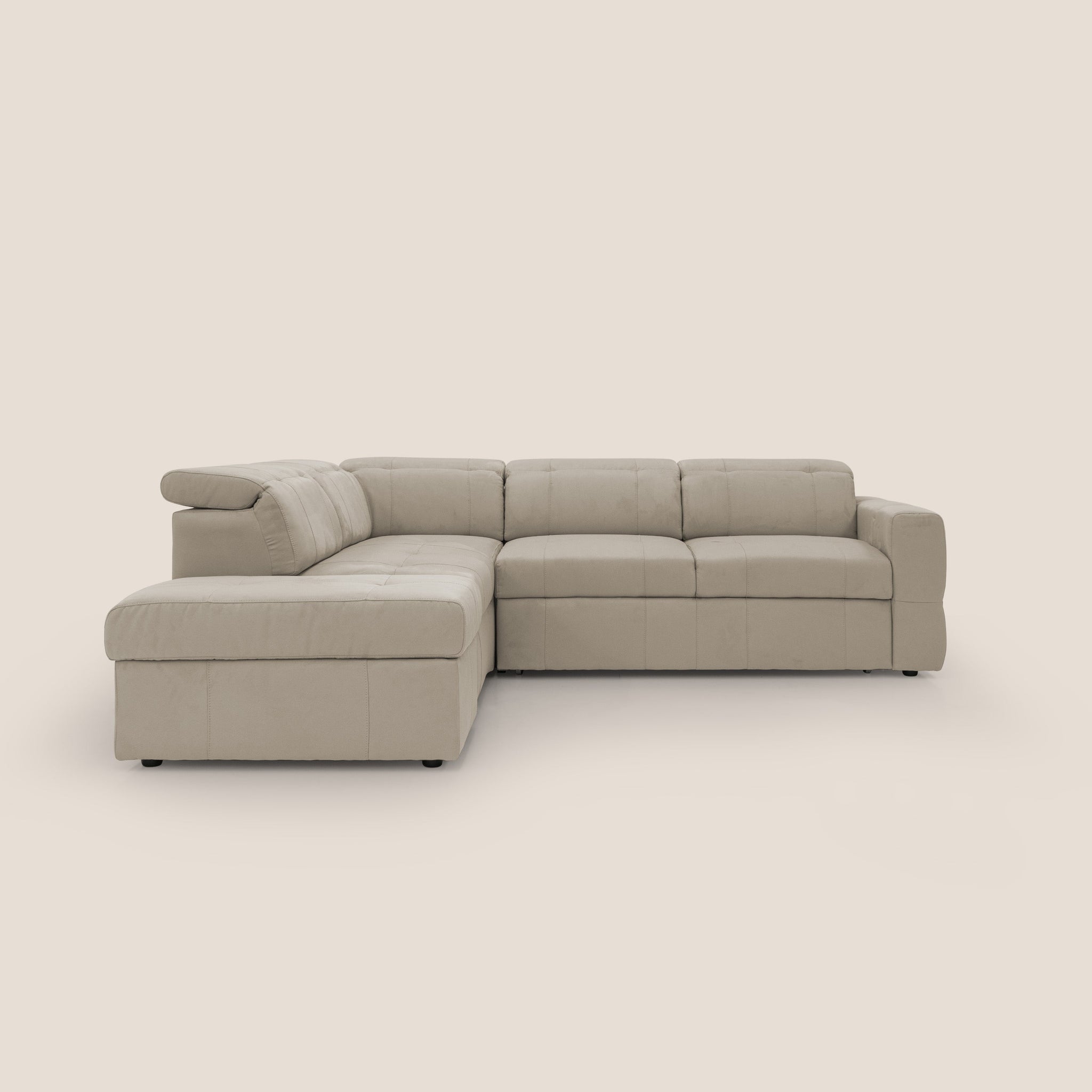 Kronos Ecksofa mit ausziehbarer Ottomane und mobilem Hocker mit Staufach aus wasserfester Mikrofaser T11