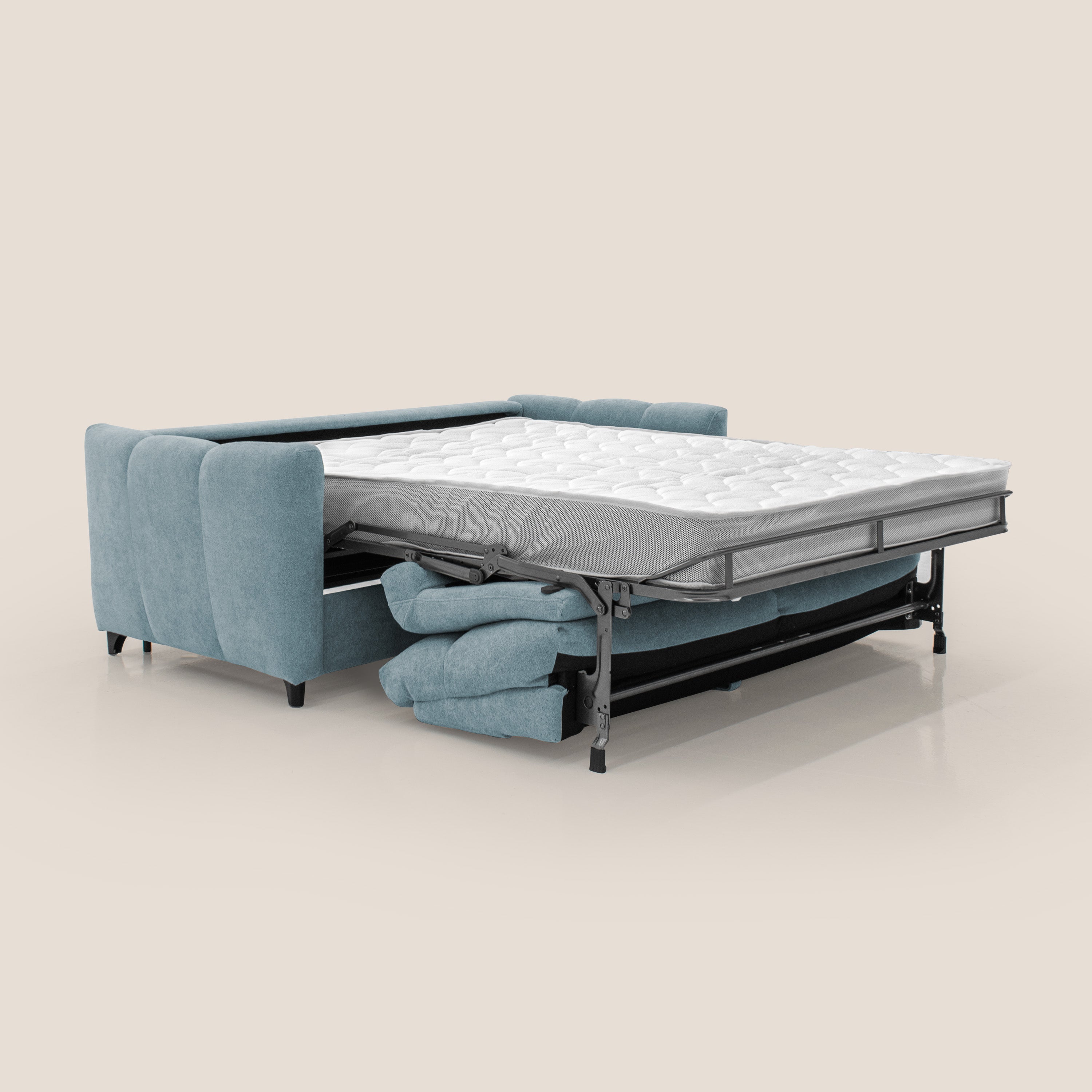 Peonia divano letto scandinavo con materasso H18 cm e morbido e alto schienale in tessuto Bouclé impermeabile T07 carta da zucchero - divani.store