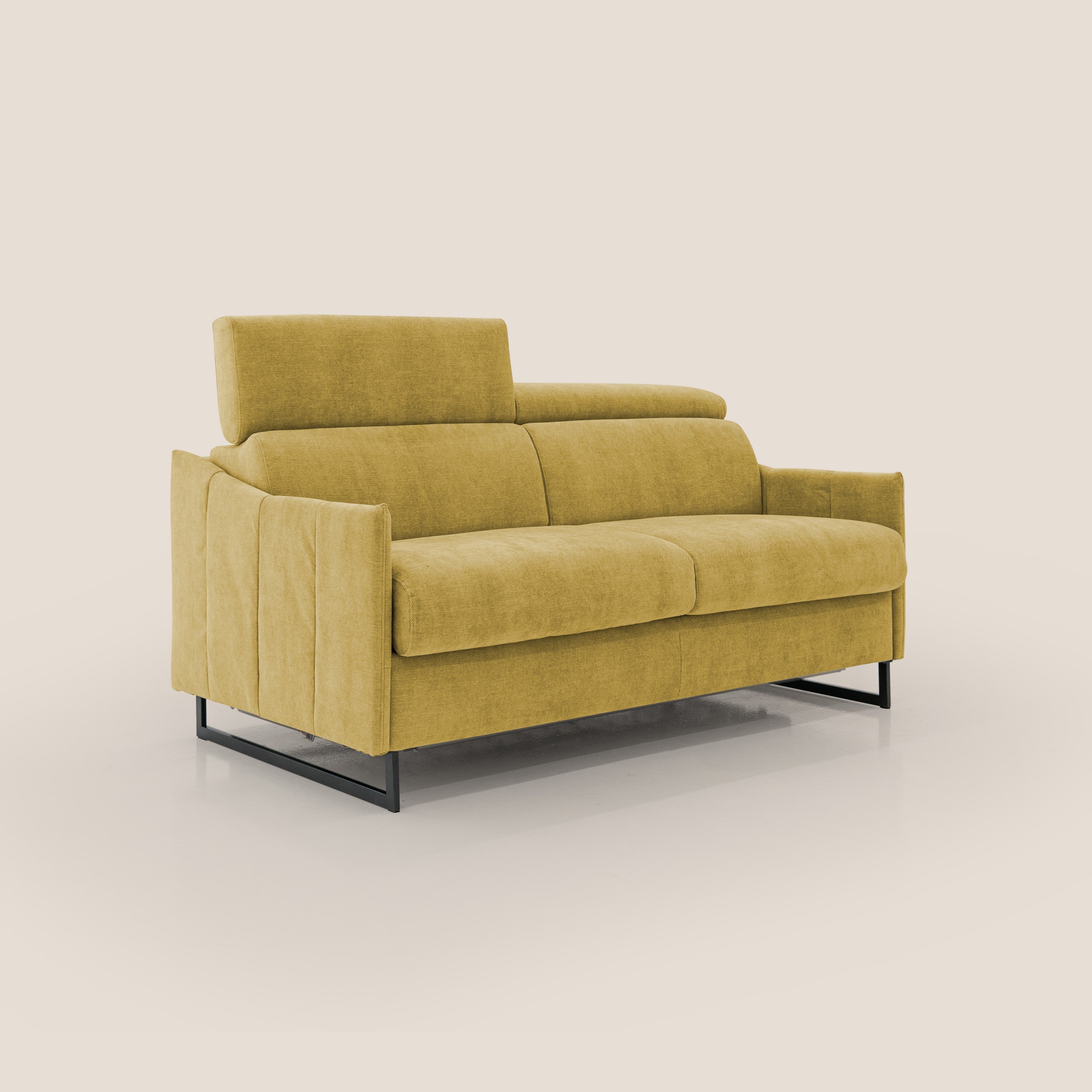 Loto divano letto salvaspazio materasso H18 cm con piedi alti in morbido tessuto impermeabile T14 giallo - divani.store
