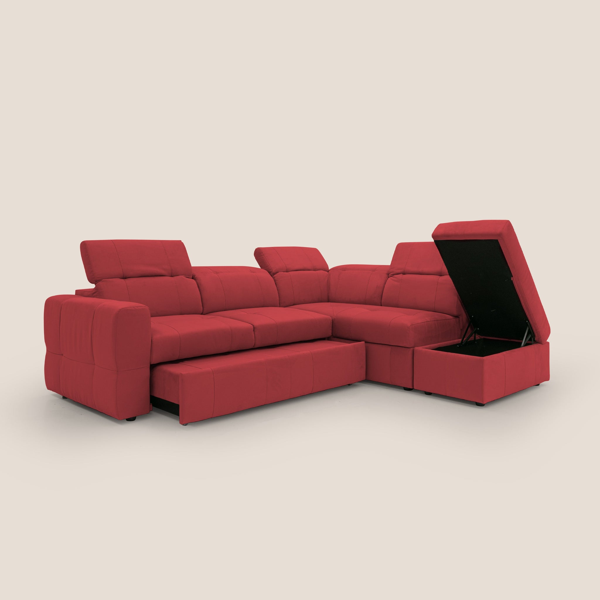 Kronos Ecksofa mit ausziehbarer Ottomane und mobilem Hocker mit Staufach aus wasserfester Mikrofaser T11