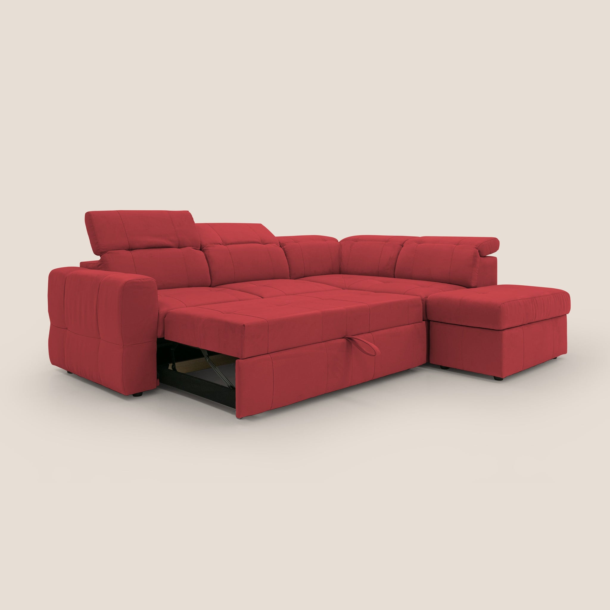 Kronos Ecksofa mit ausziehbarer Ottomane und mobilem Hocker mit Staufach aus wasserfester Mikrofaser T11