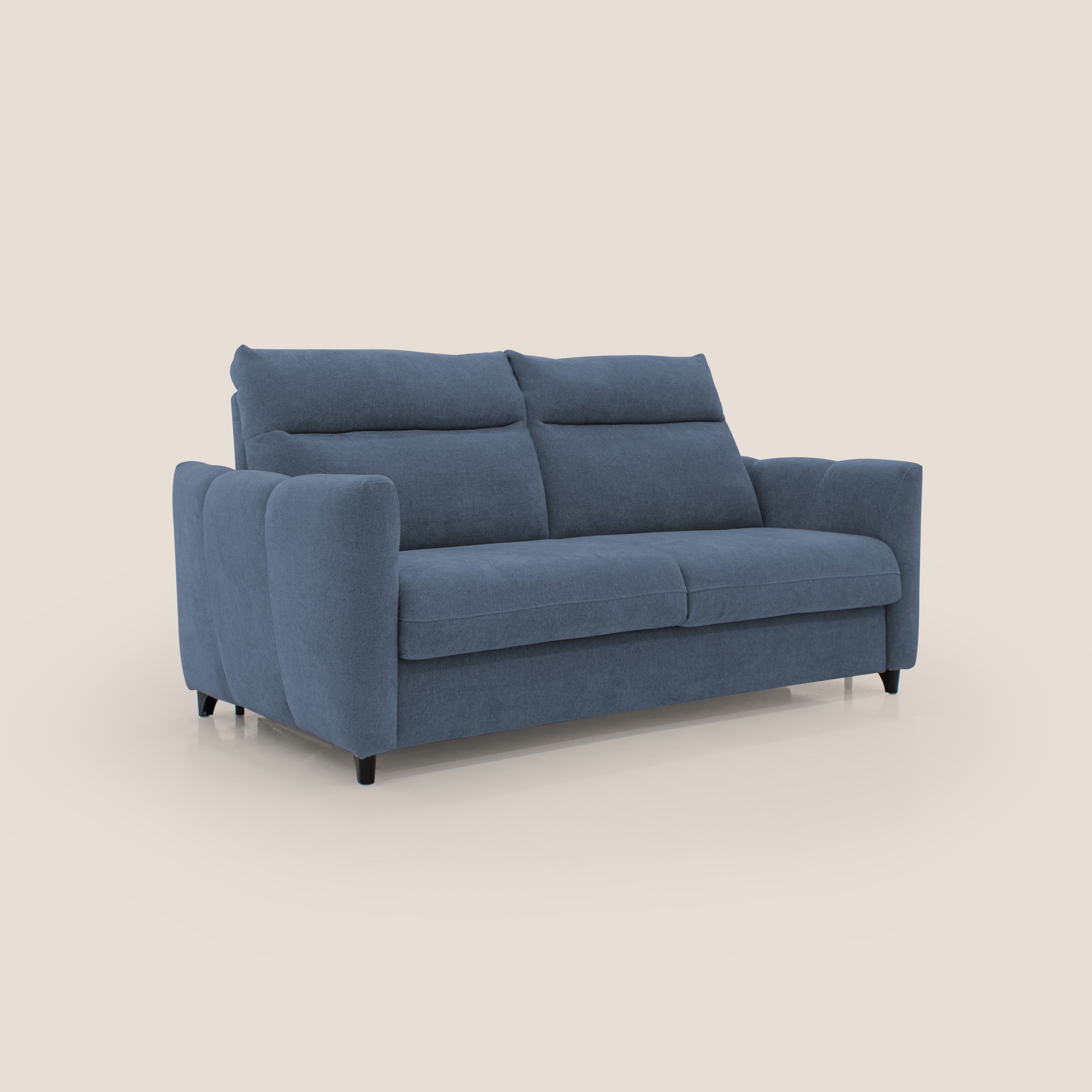 Peonia divano letto scandinavo con materasso H18 cm e morbido e alto schienale in tessuto Bouclé impermeabile T07 blu - divani.store