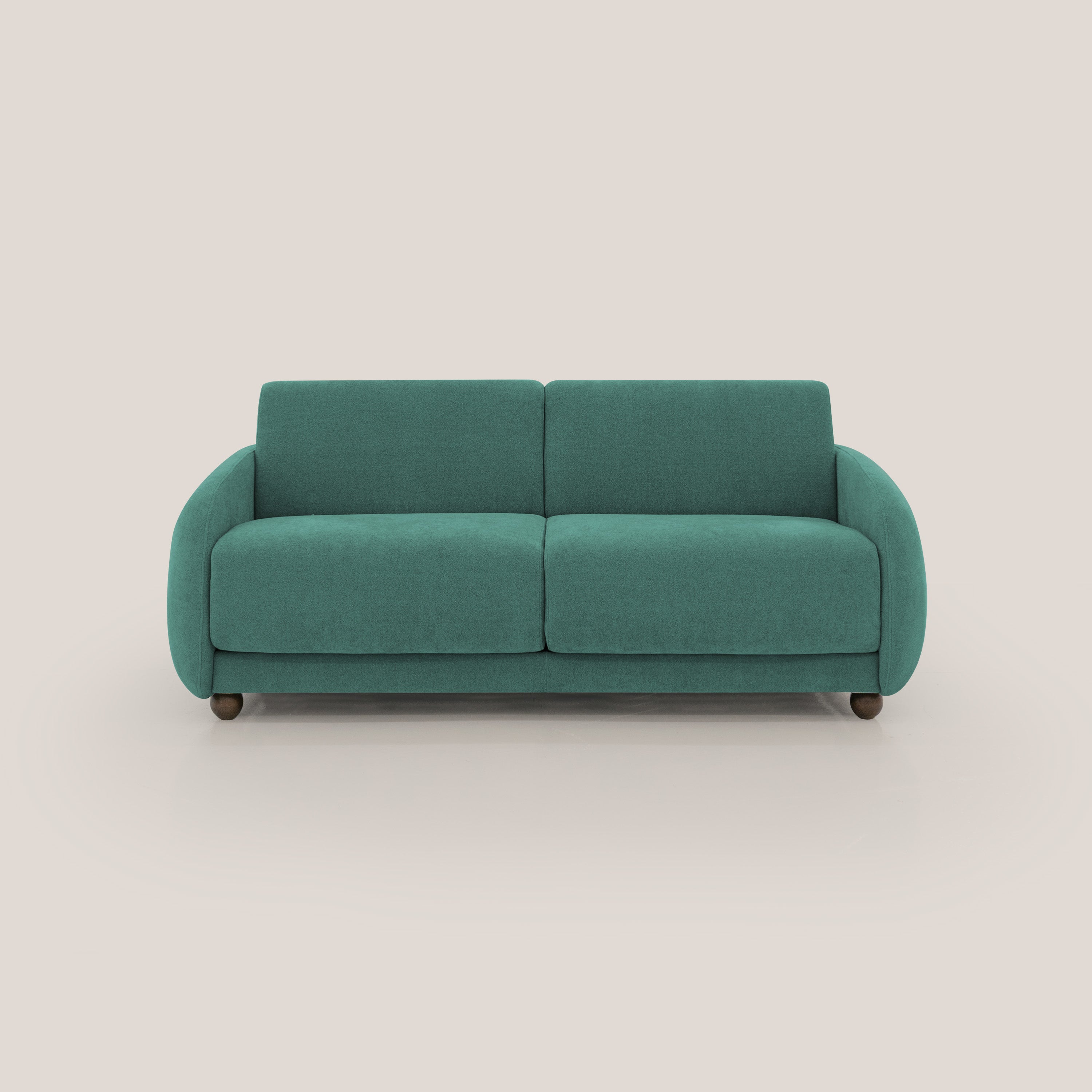 Giglio divano letto scandinavo japandi con materasso H18 cm in tessuto Bouclé impermeabile T07 verde - divani.store