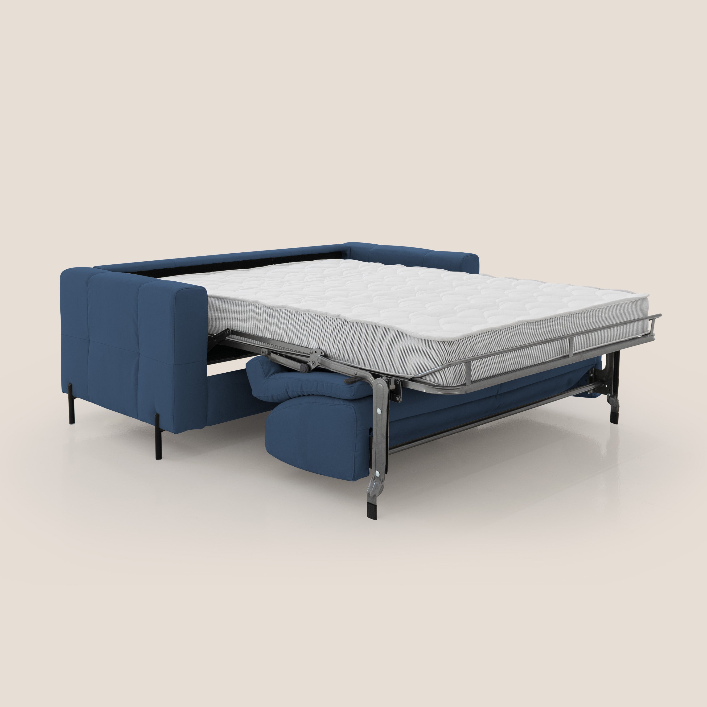 Ortensia divano letto materasso H18 cm con piedi alti in elegante microfibra smacchiabile T11 blu - divani.store