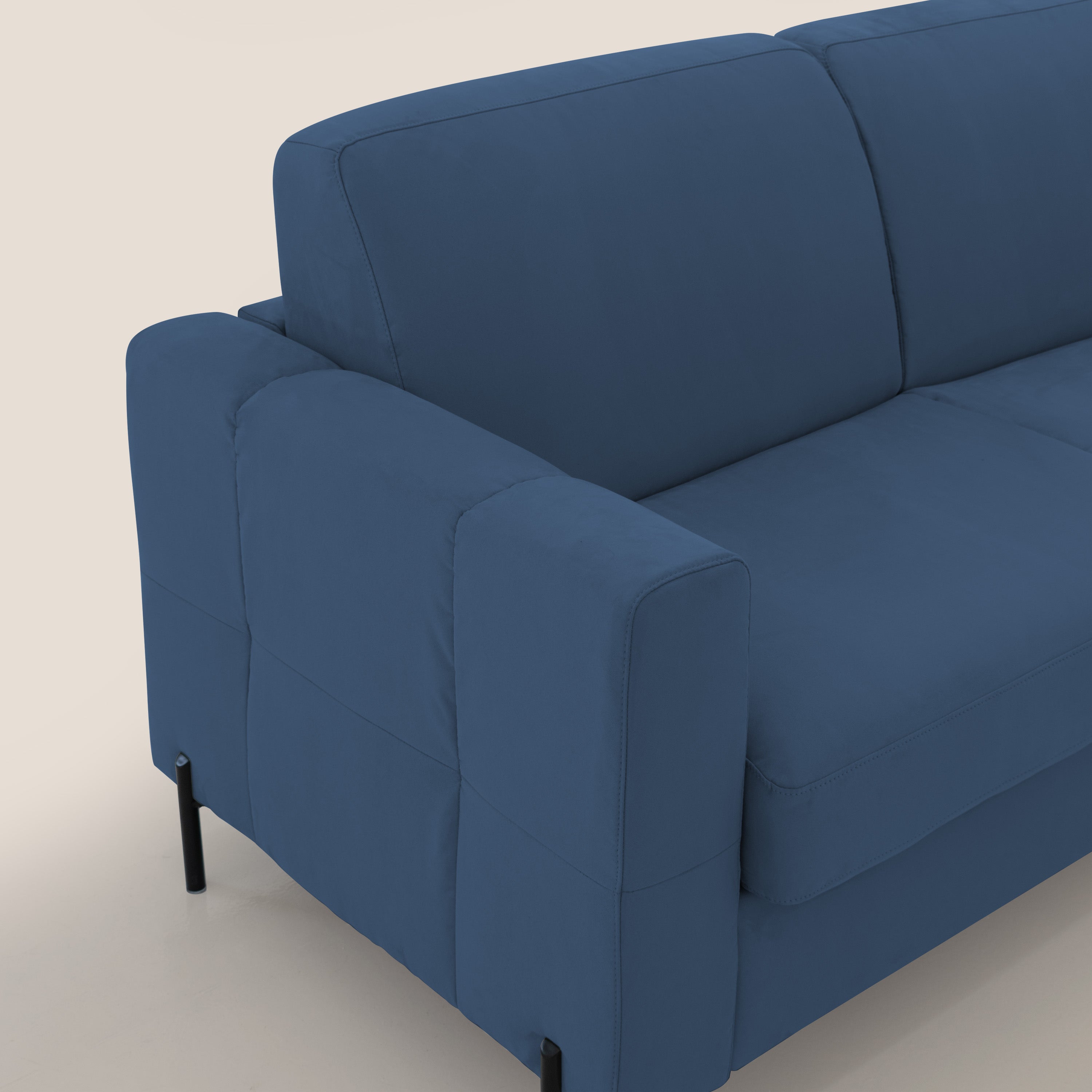 Ortensia divano letto materasso H18 cm con piedi alti in elegante microfibra smacchiabile T11 blu - divani.store