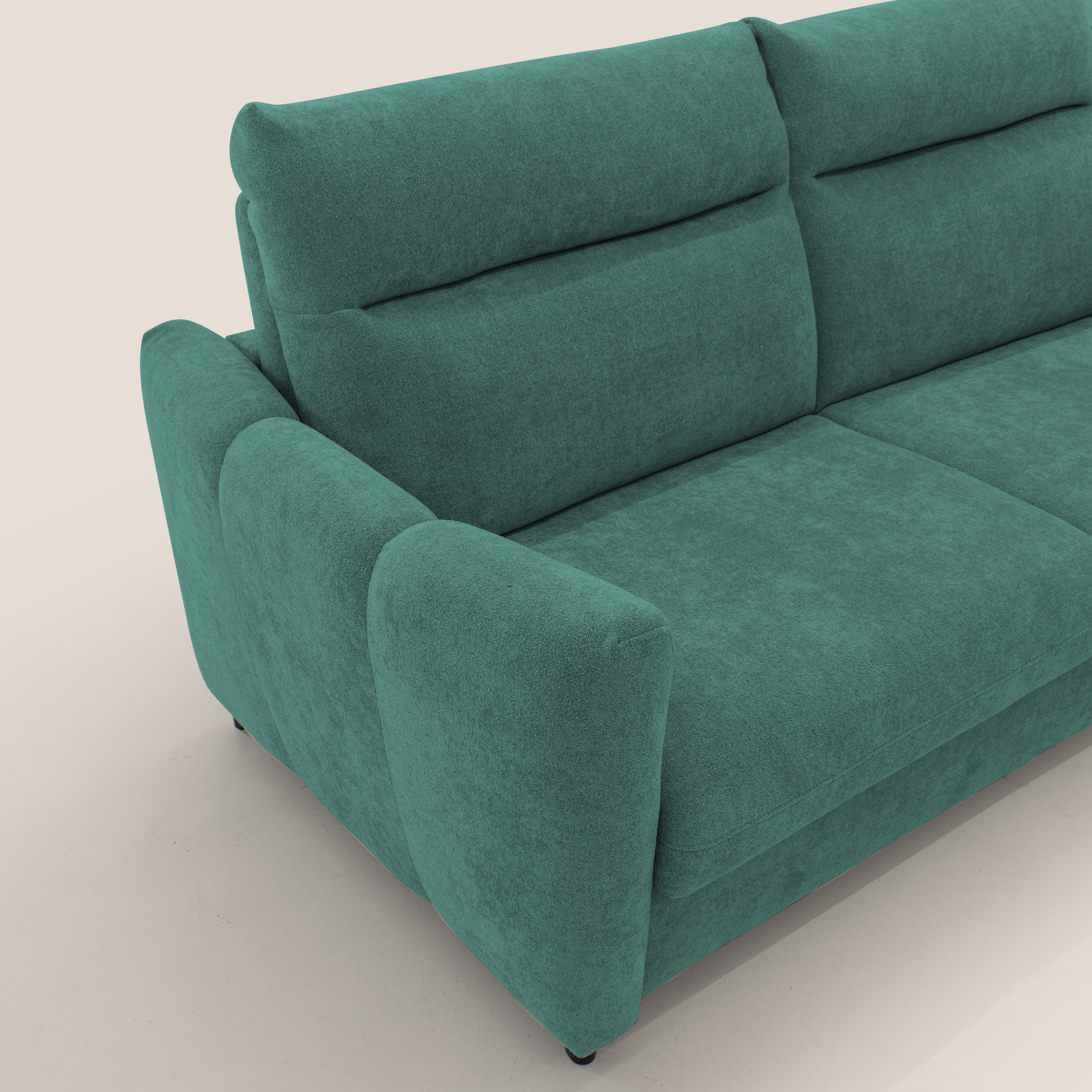 Peonia divano letto scandinavo con materasso H18 cm e morbido e alto schienale in tessuto Bouclé impermeabile T07 verde - divani.store