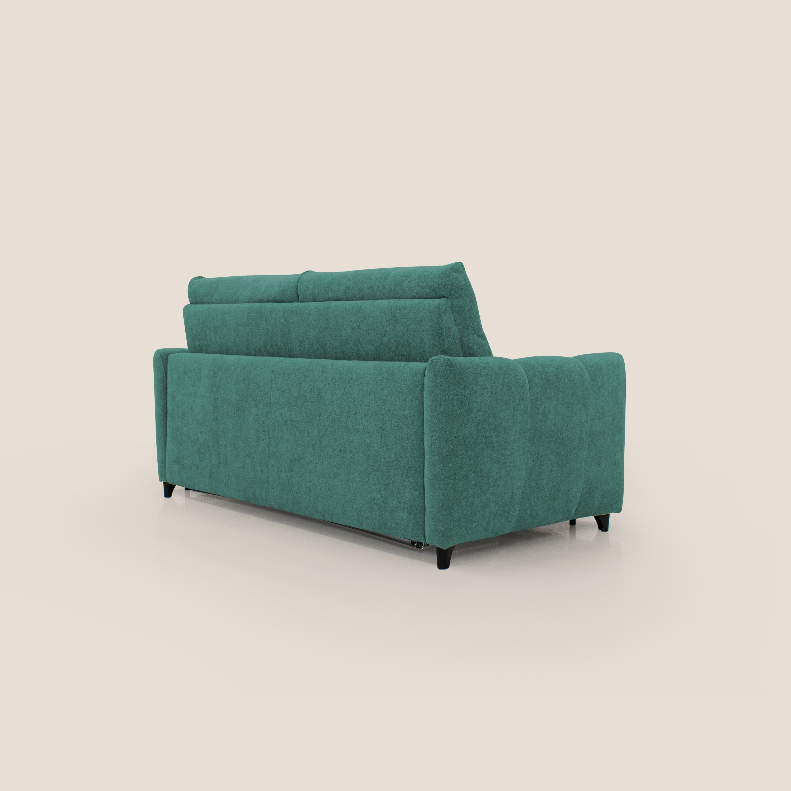 Peonia divano letto scandinavo con materasso H18 cm e morbido e alto schienale in tessuto Bouclé impermeabile T07 verde - divani.store