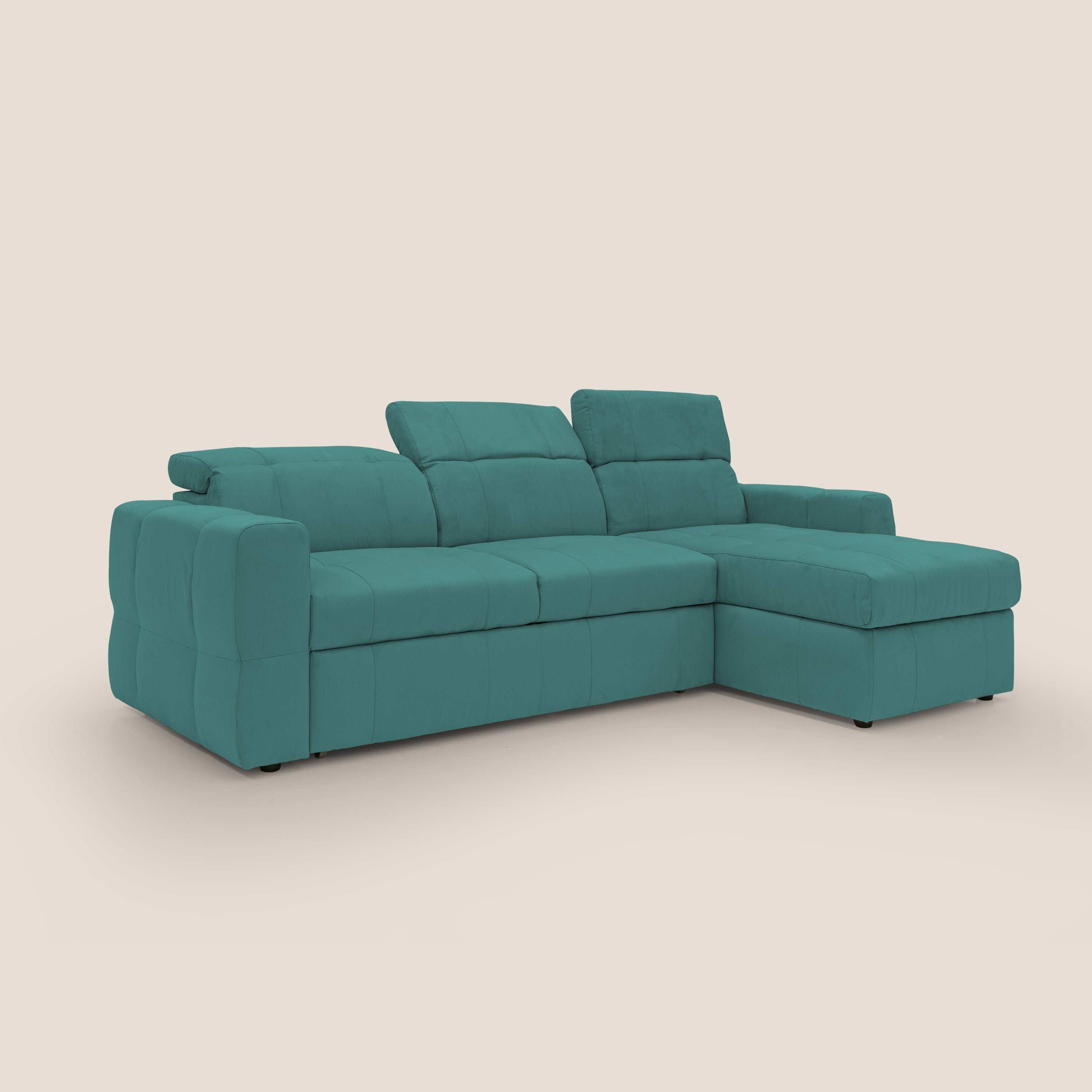 Kronos Divano angolare con pouf estraibile e penisola contenitore in microfibra impermeabile T11 petrolio - divani.store