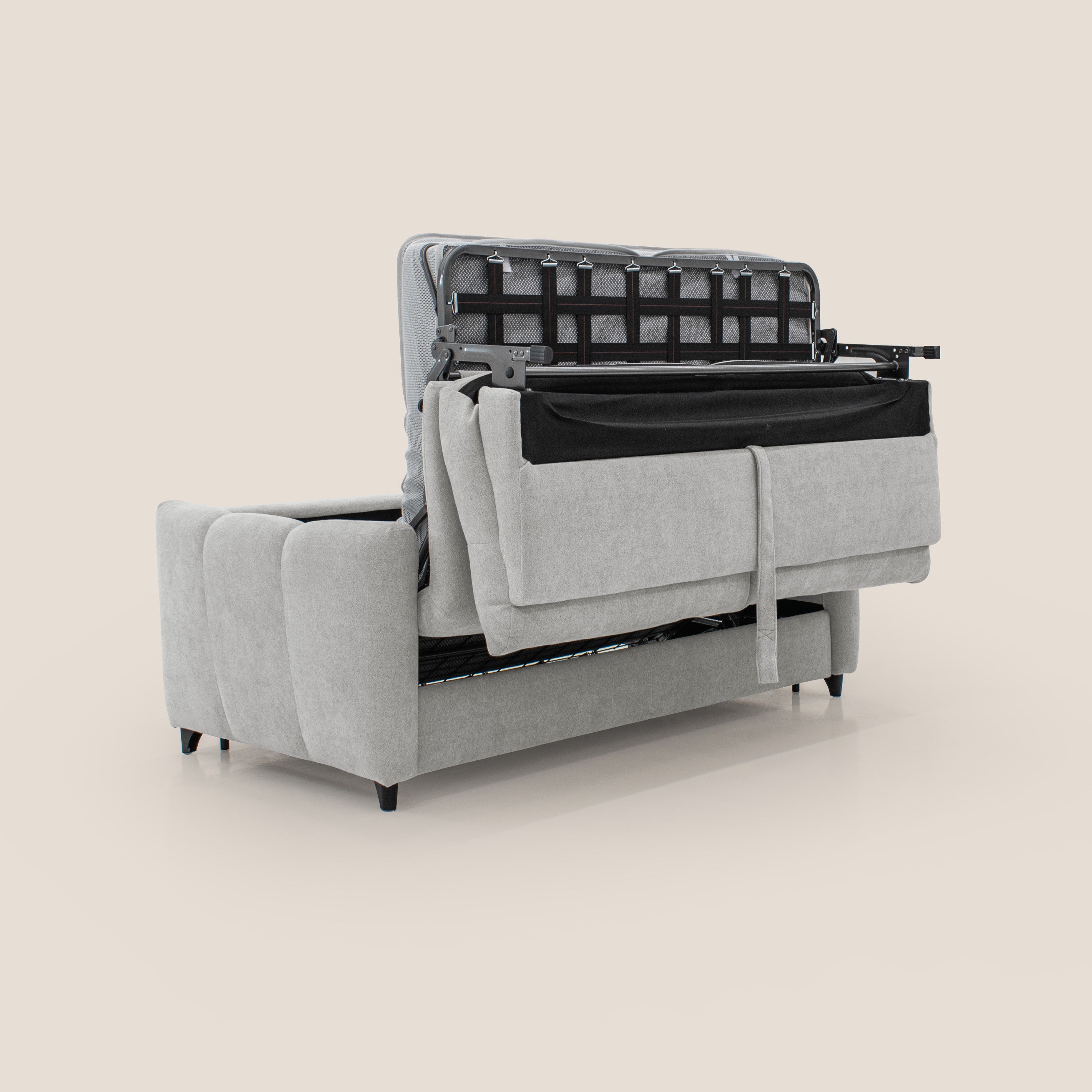 Peonia divano letto scandinavo con materasso H18 cm e morbido e alto schienale in tessuto Bouclé impermeabile T07 grigio - divani.store